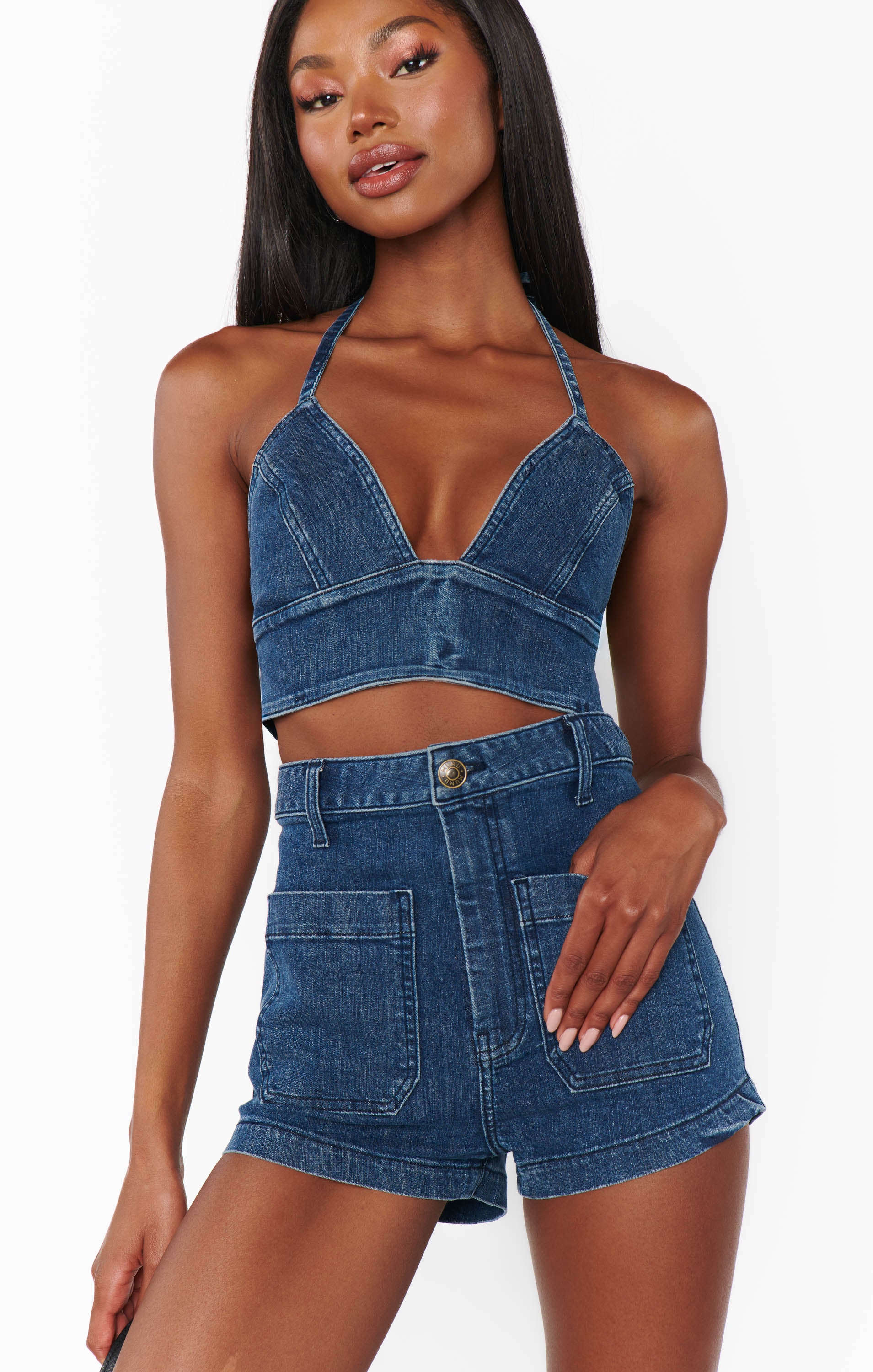 Moonlit Blue Denim Halter Top - Palm Springs Cropped Festival Style