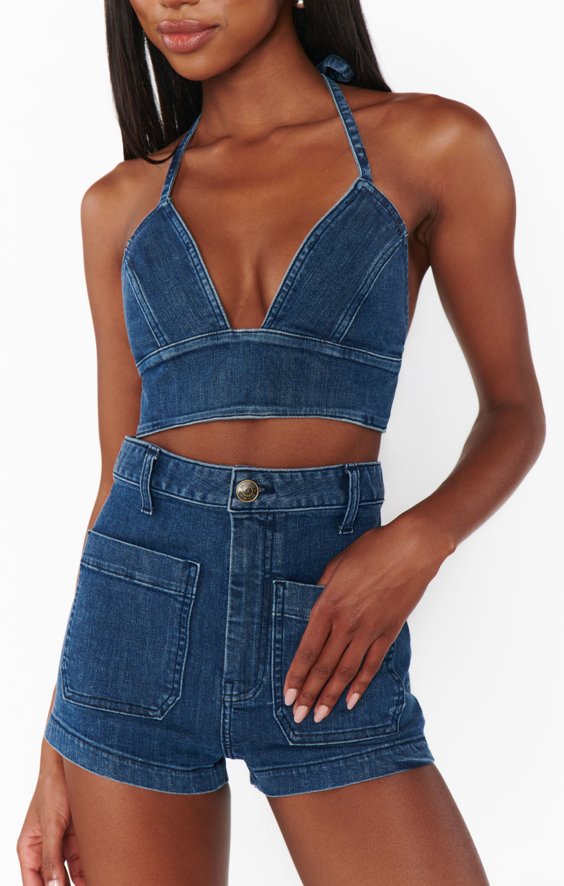Moonlit Blue Denim Halter Top - Palm Springs Cropped Festival Style