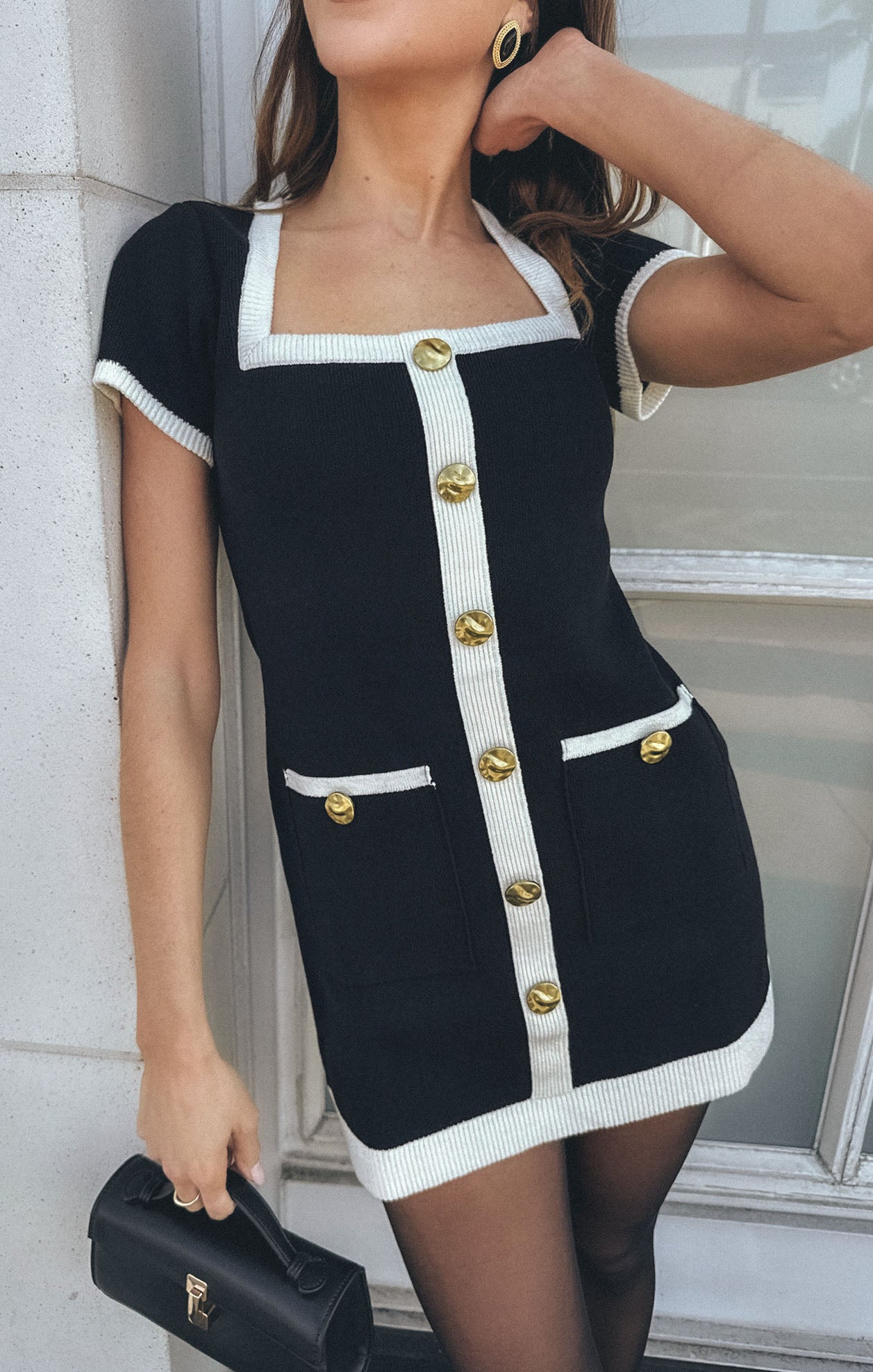 Sofia Knit Sweater Dress - Black & Cream Mini Dress with Gold Buttons