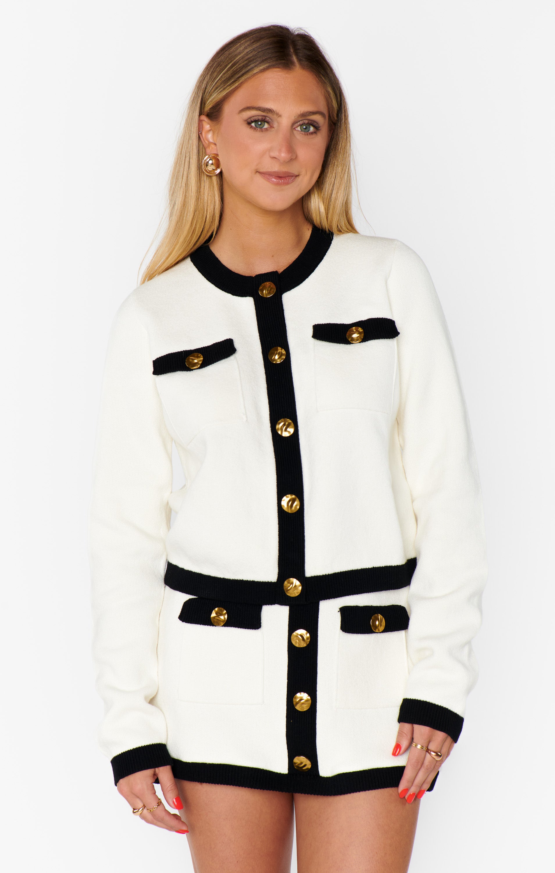 Vintage Knit Cardi with Gold Buttons - Cream & Black 60s Style
