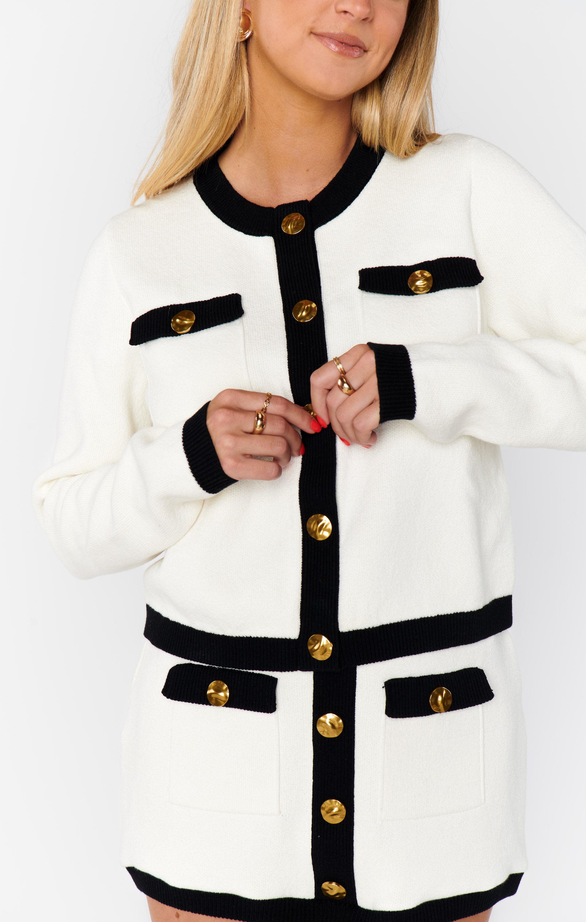 Vintage Knit Cardi with Gold Buttons - Cream & Black 60s Style