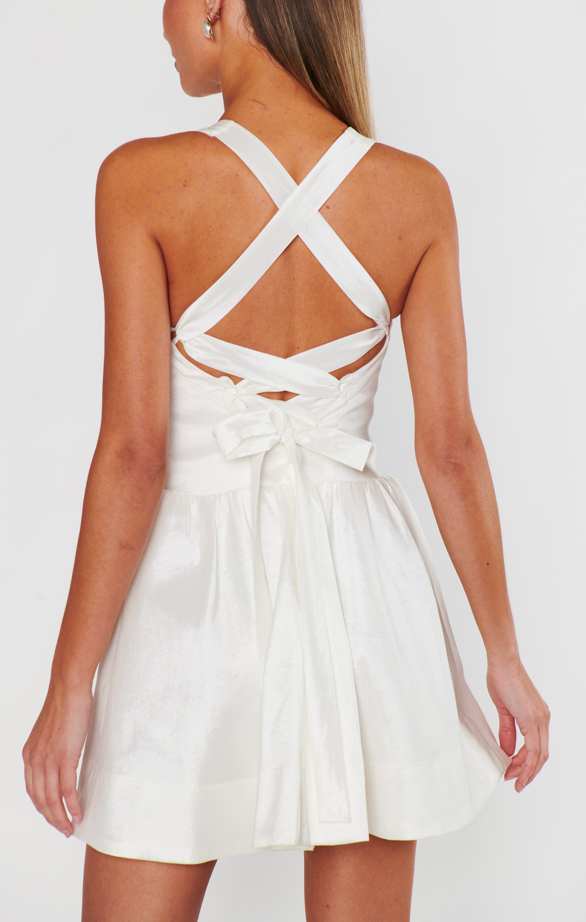 White Taffeta Abigail Mini Dress with Lace-Up Back
