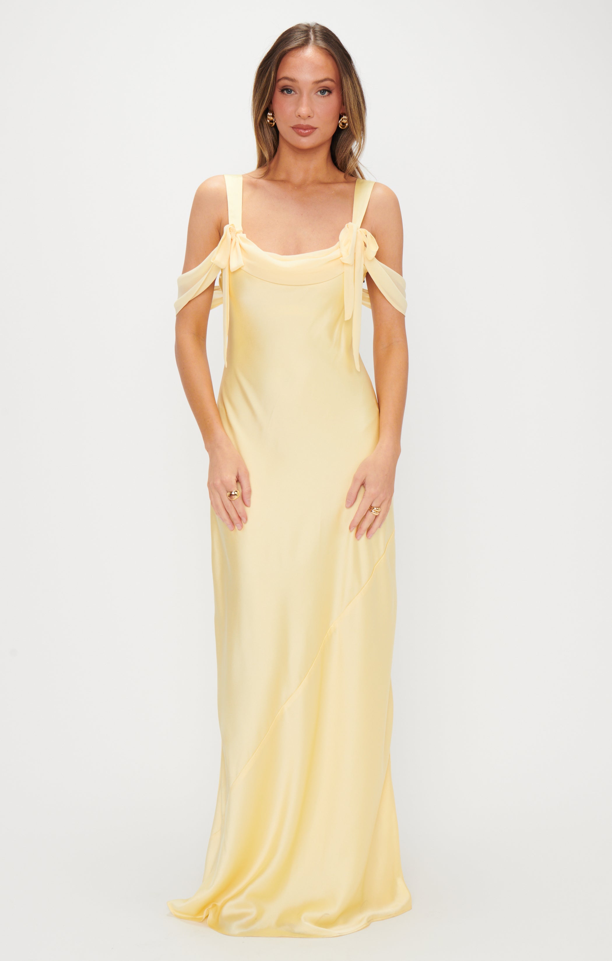 Bella Luxe Satin Maxi Dress - Pale Yellow Bridesmaid Gown