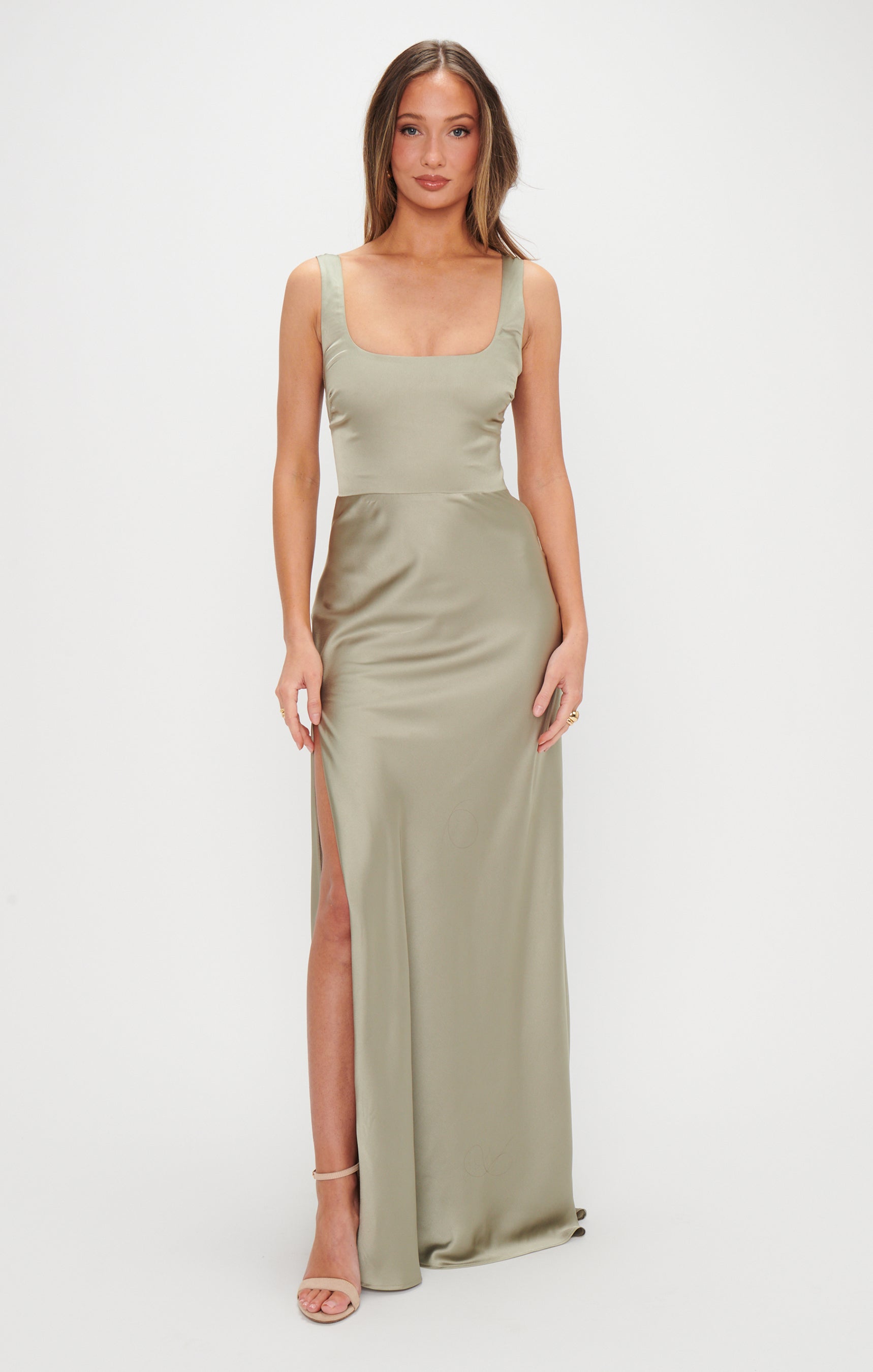 Lana Maxi Dress in Moss Green Luxe Satin with Detachable Sash