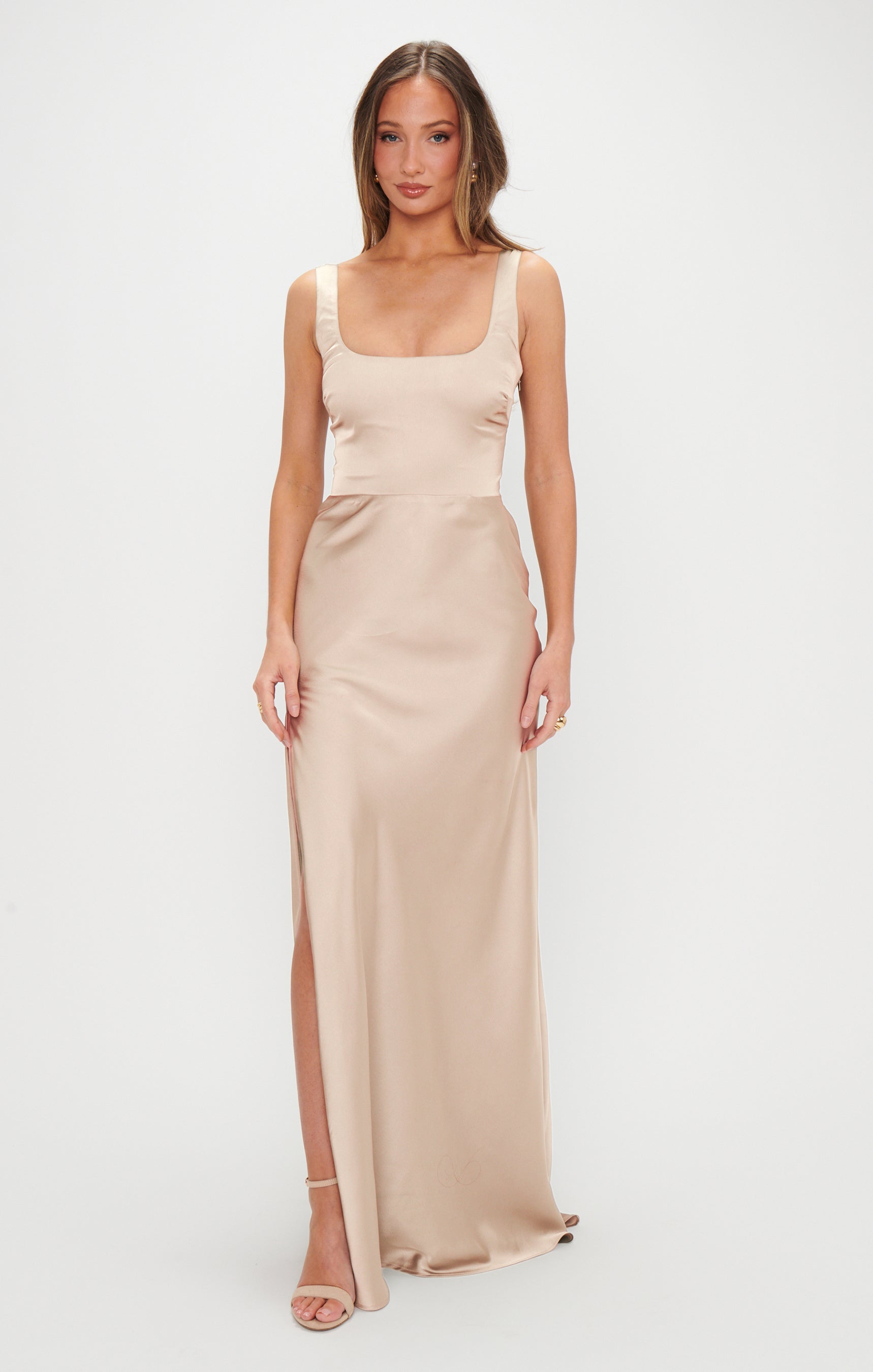 Champagne Satin Lana Maxi Dress with Detachable Sash