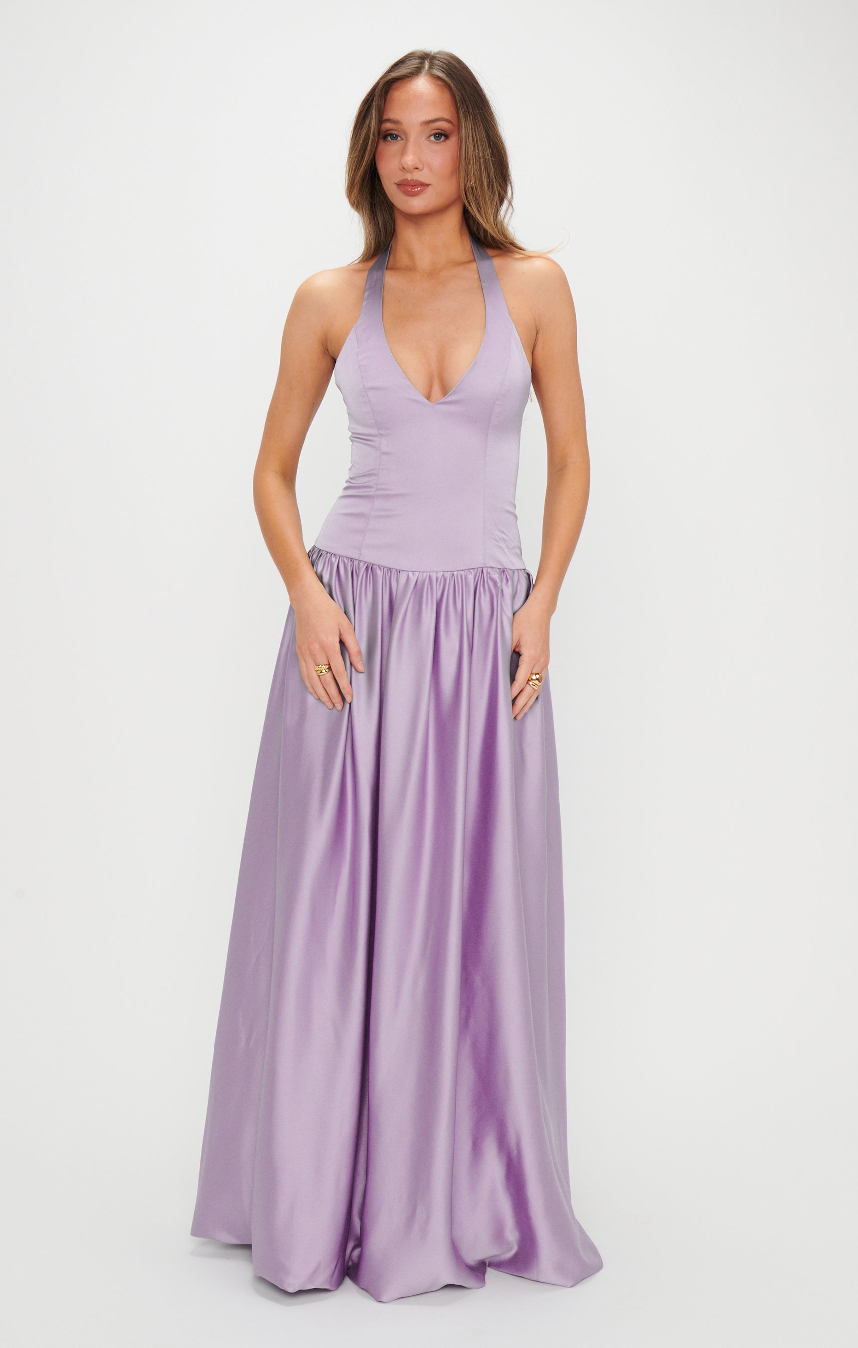 Eliza Halter Neck Lavender Satin Bridesmaid Maxi Dress