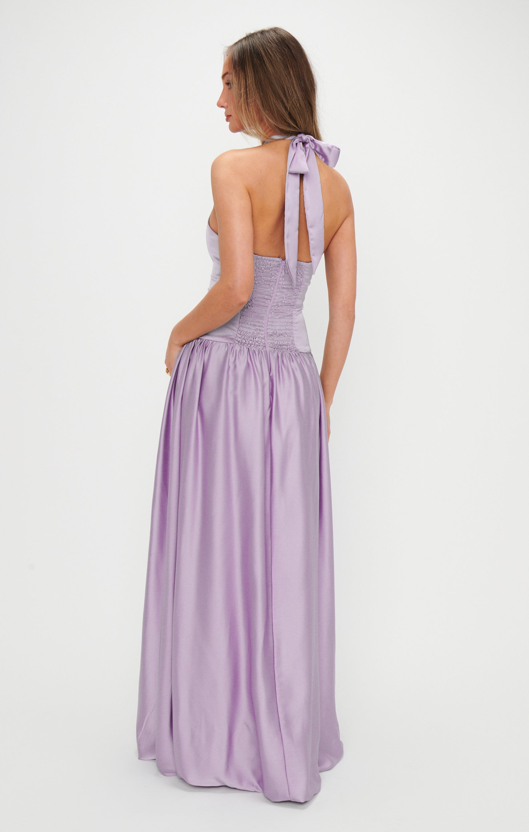 Eliza Halter Neck Lavender Satin Bridesmaid Maxi Dress