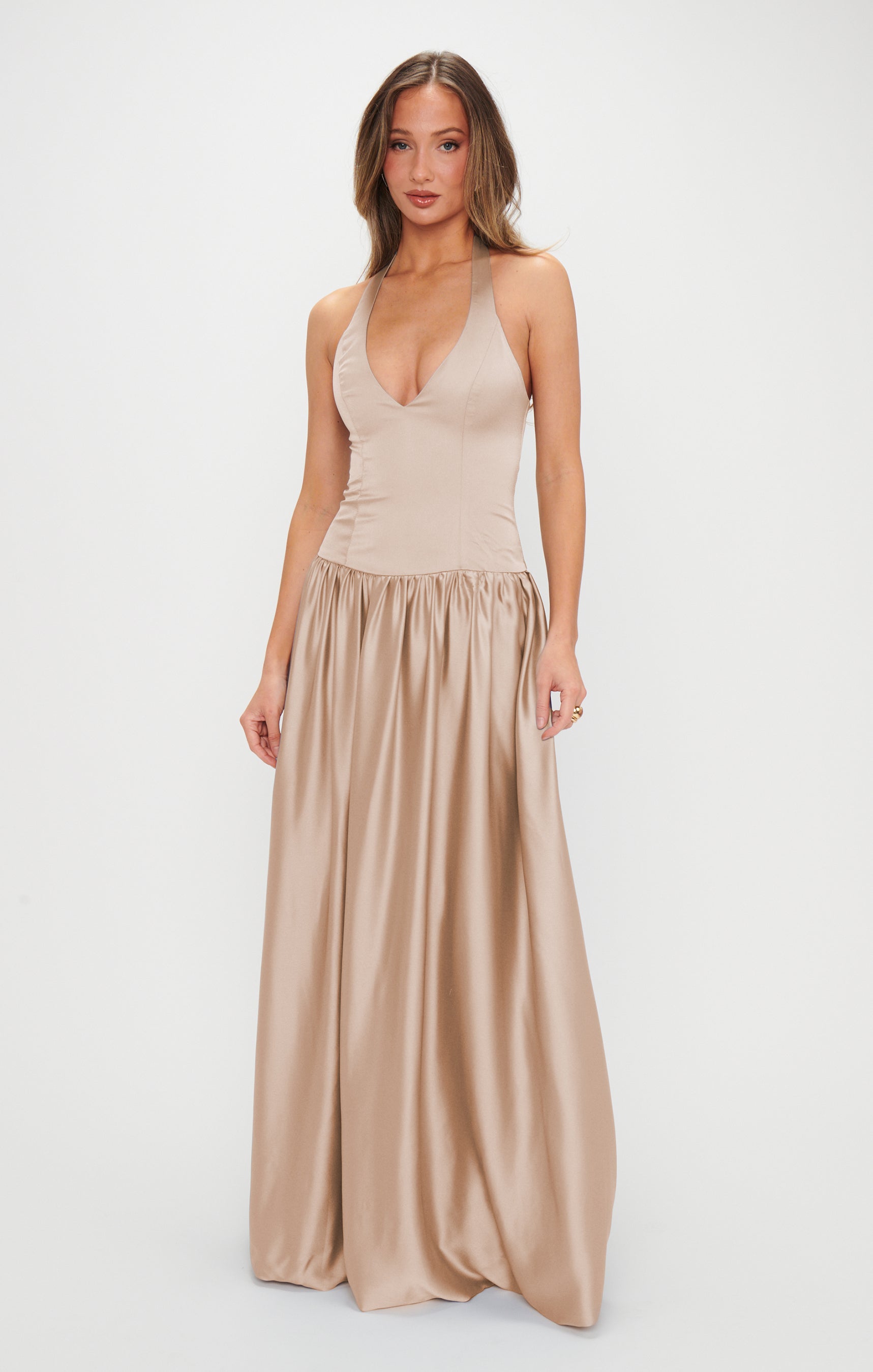 Champagne Luxe Satin Bridesmaid Dress - Eliza Halter Maxi