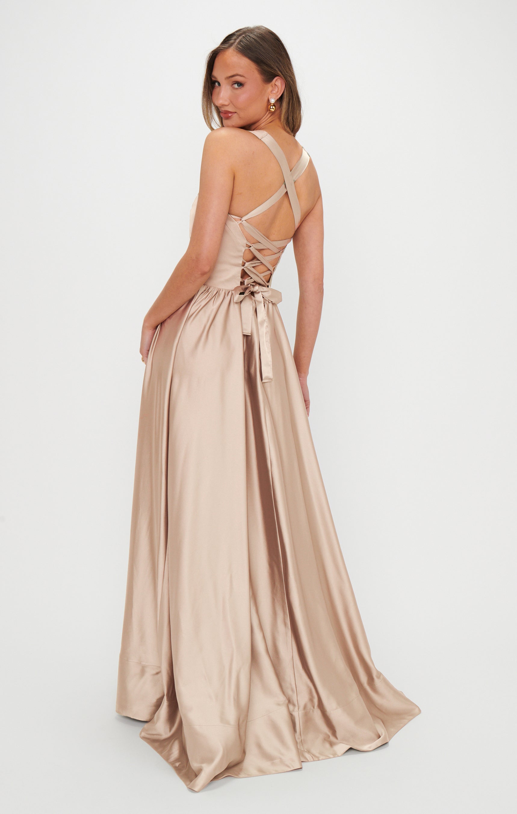 Abigail Champagne Luxe Satin Maxi Dress with Sweetheart Neckline