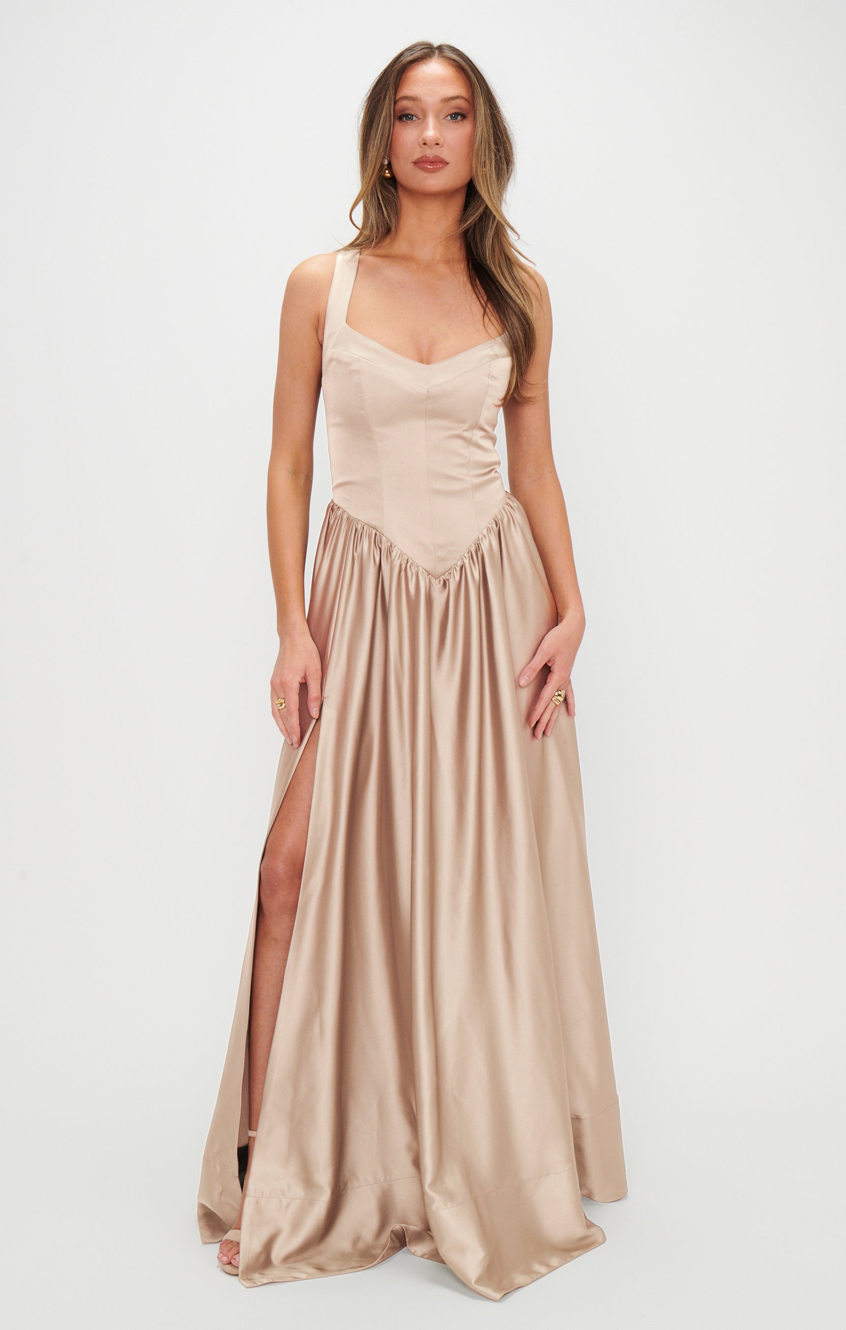 Abigail Champagne Luxe Satin Maxi Dress with Sweetheart Neckline