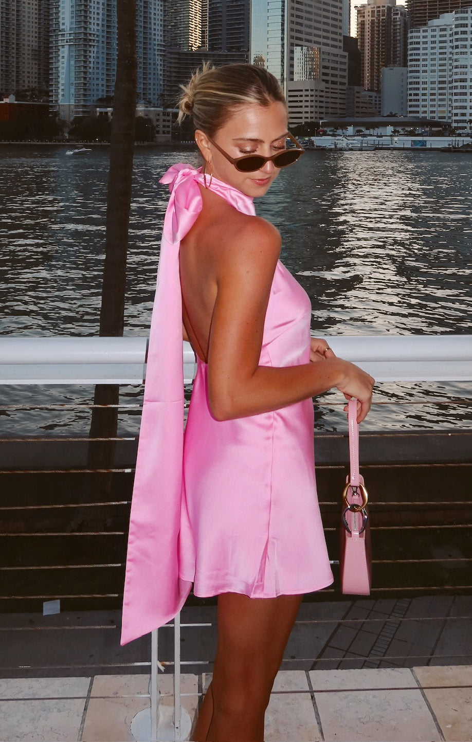 Pink Luxe Satin Lisa Mini Dress with Halter Neckline