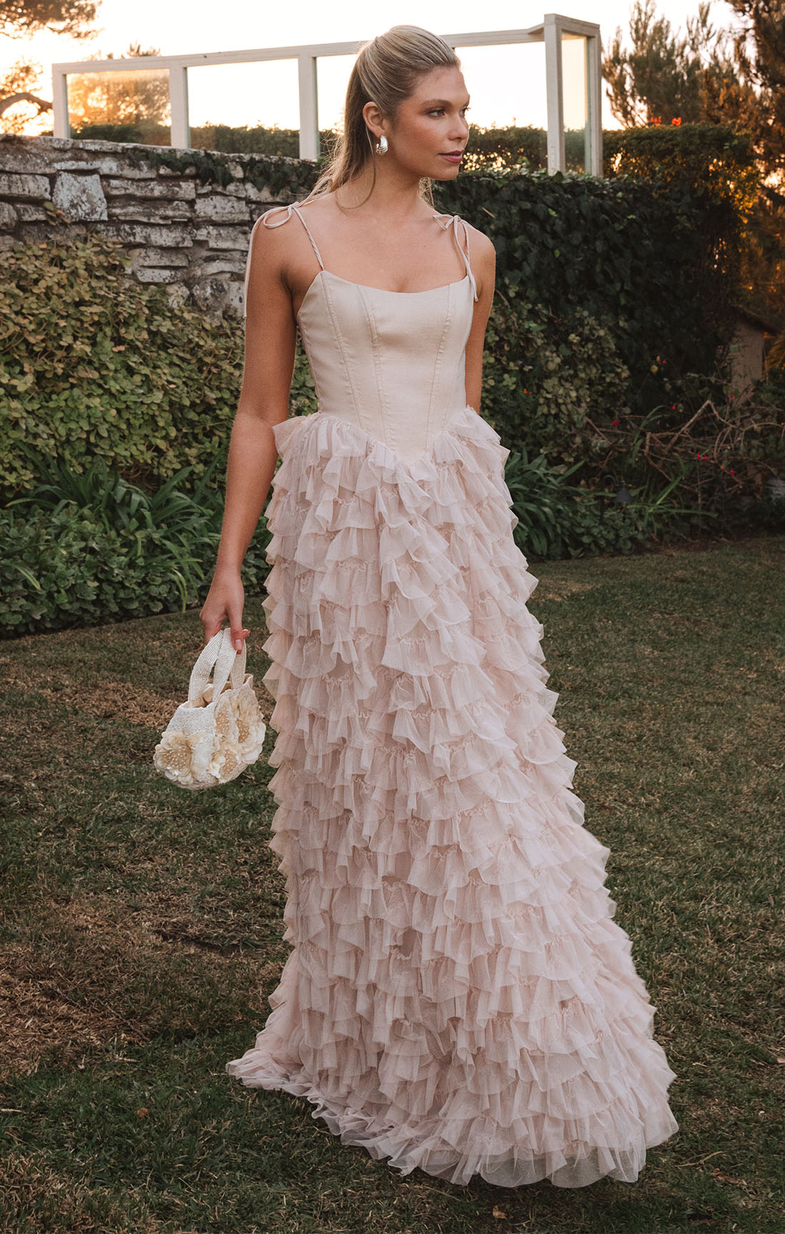 Francesca Champagne Tulle Maxi Dress with Corset Bodice & Bow Tie Straps