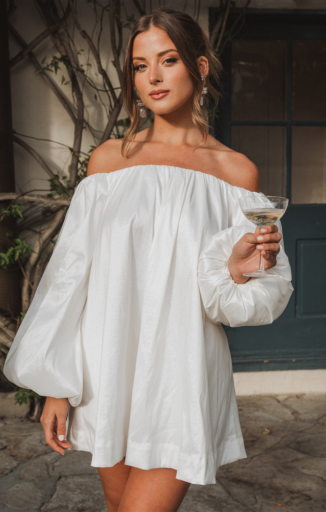 Brenna Off-Shoulder White Taffeta Mini Dress for Bachelorette Parties