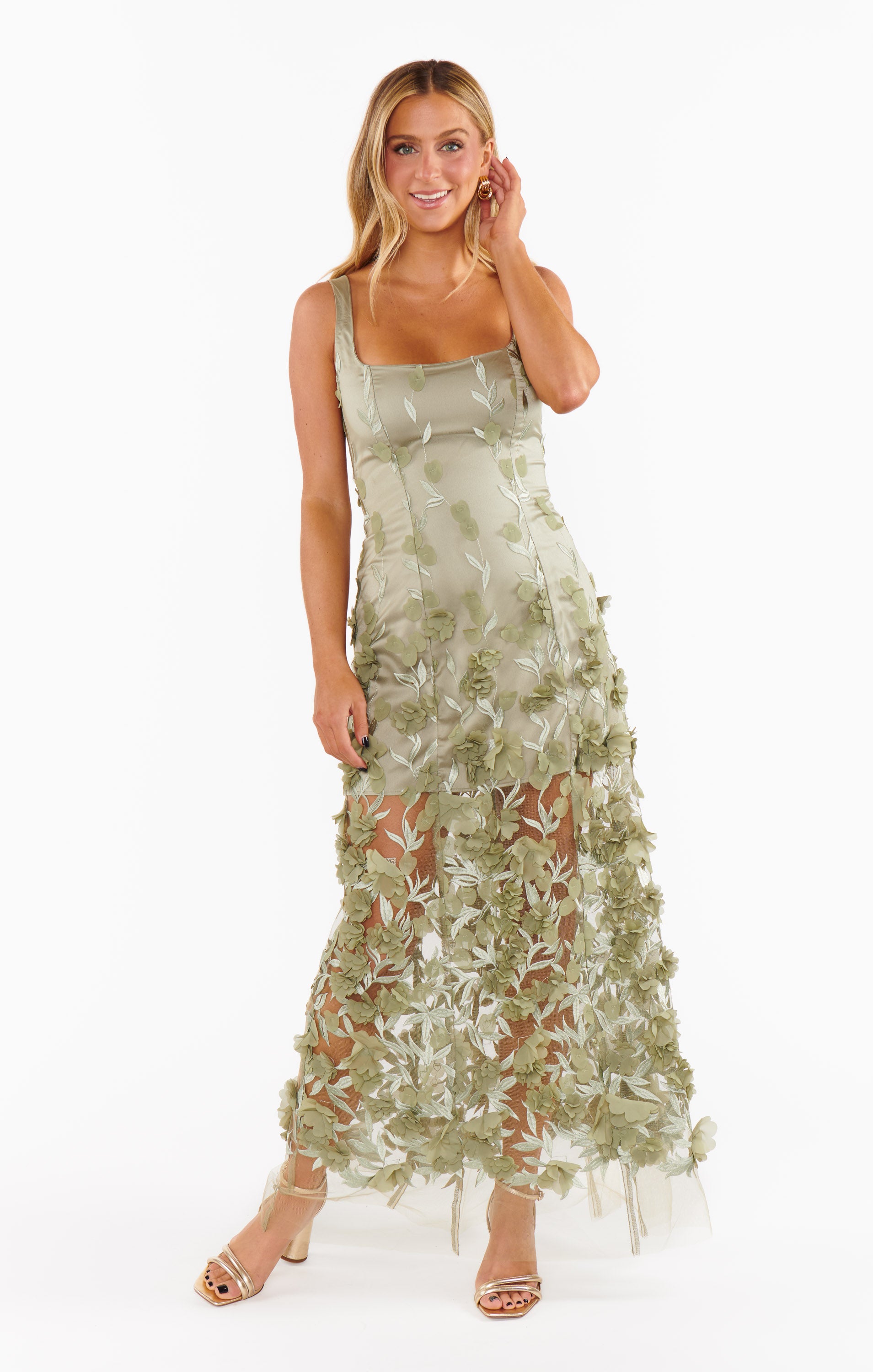 Floral Embroidered Moss Green Stephanie Dress for Events