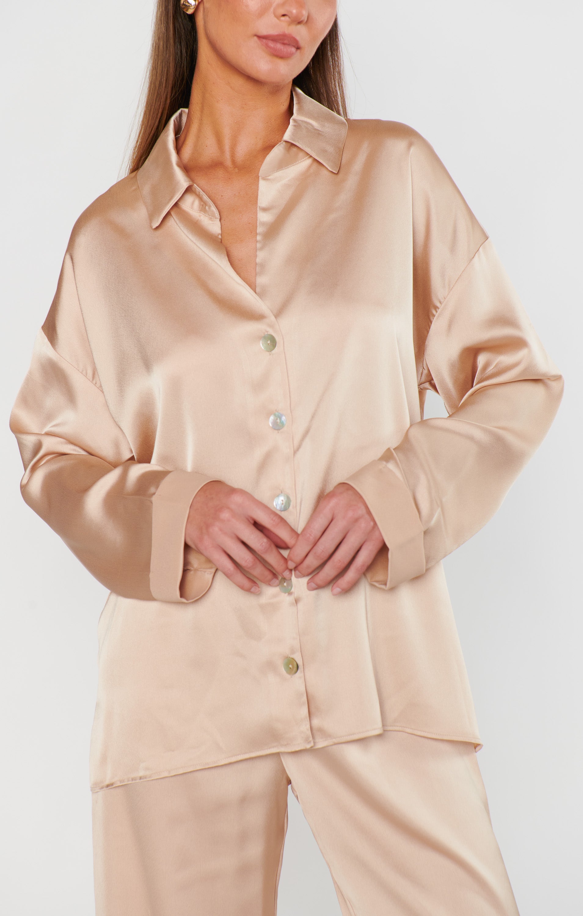 Champagne Luxe Satin Bridal Button Down Shirt - Always and Forever