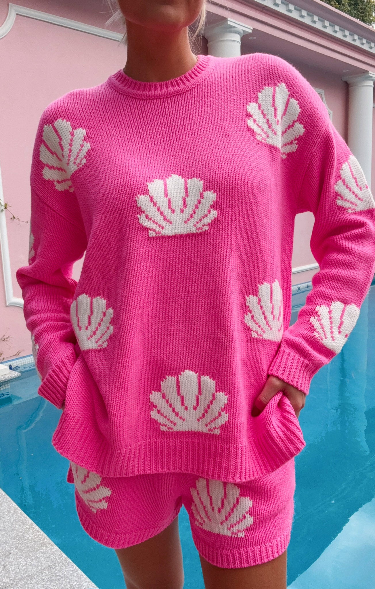 Hot Pink Shell Knit Sweater - Cozy Crewneck for Women