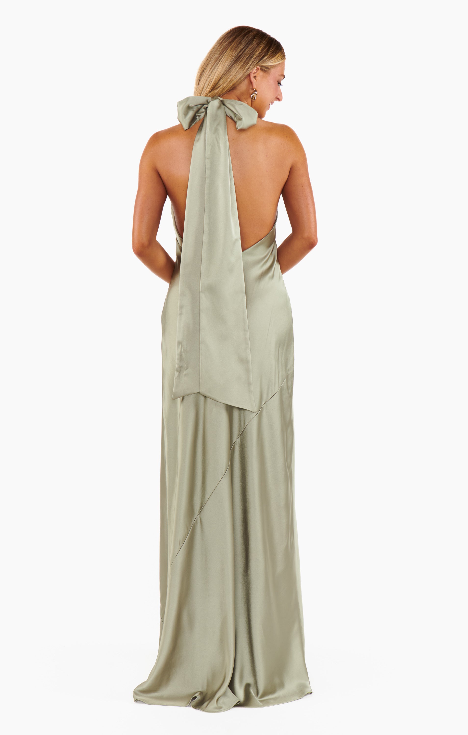 Lisa Maxi Dress - Moss Green Satin Halter Neck Bridesmaid Gown