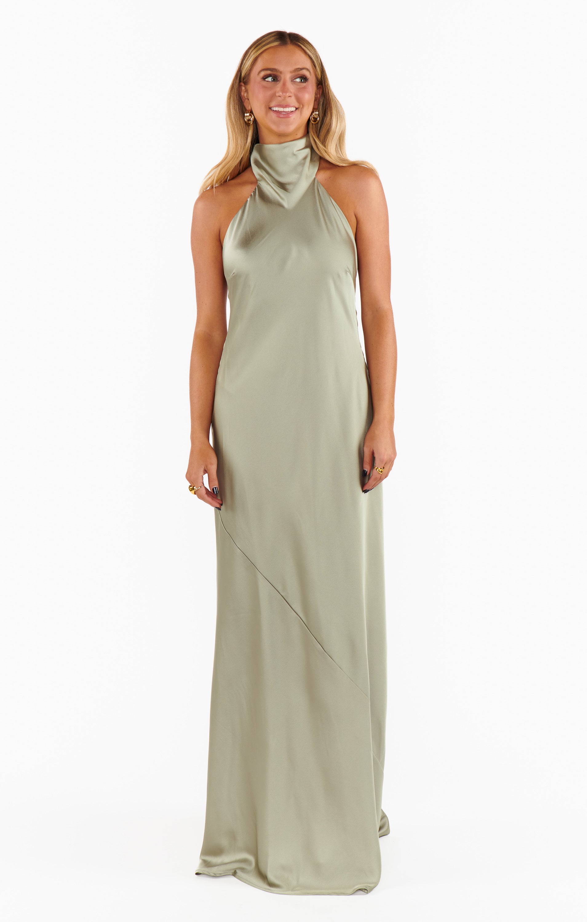 Lisa Maxi Dress - Moss Green Satin Halter Neck Bridesmaid Gown