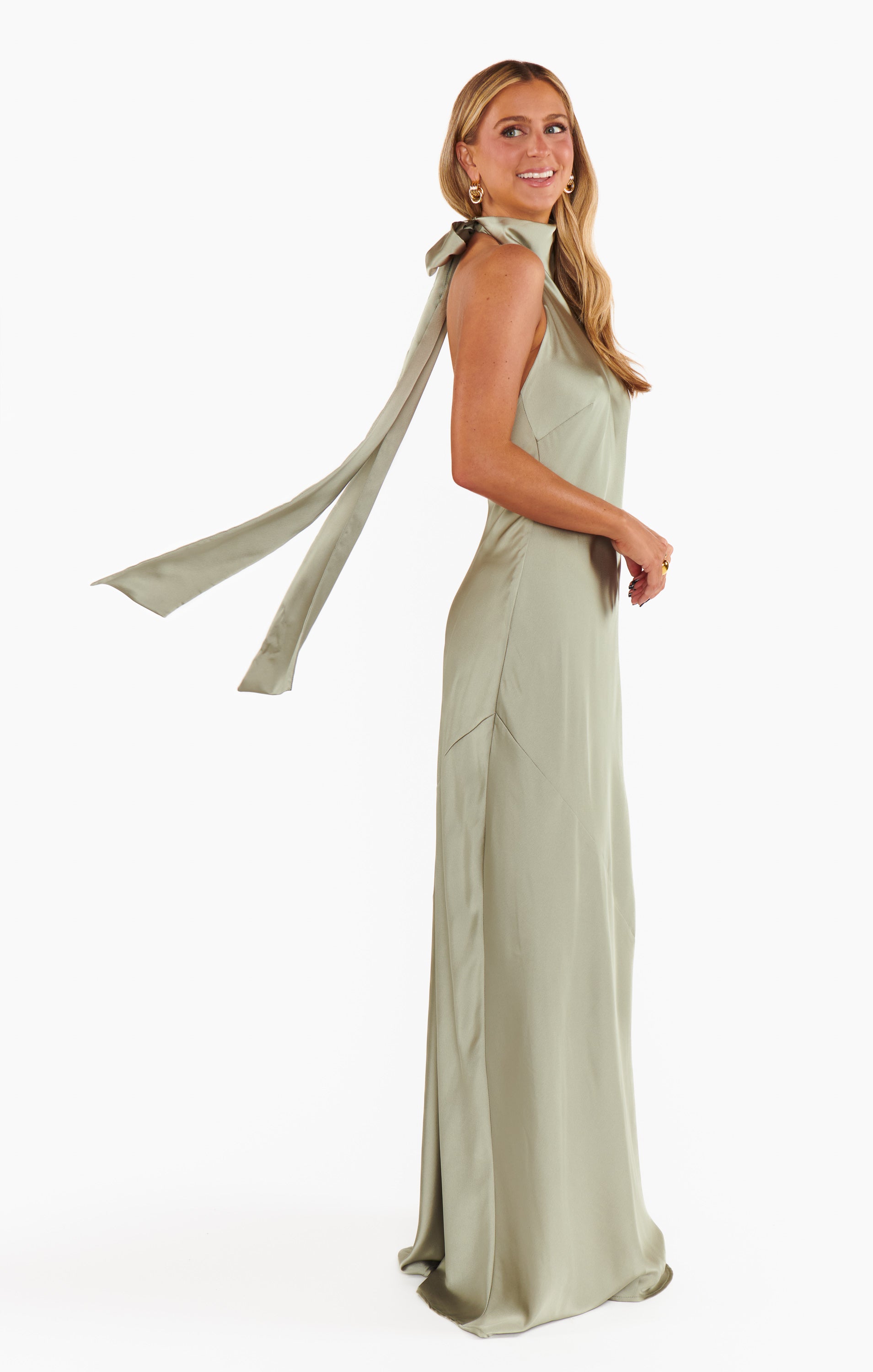 Lisa Maxi Dress - Moss Green Satin Halter Neck Bridesmaid Gown
