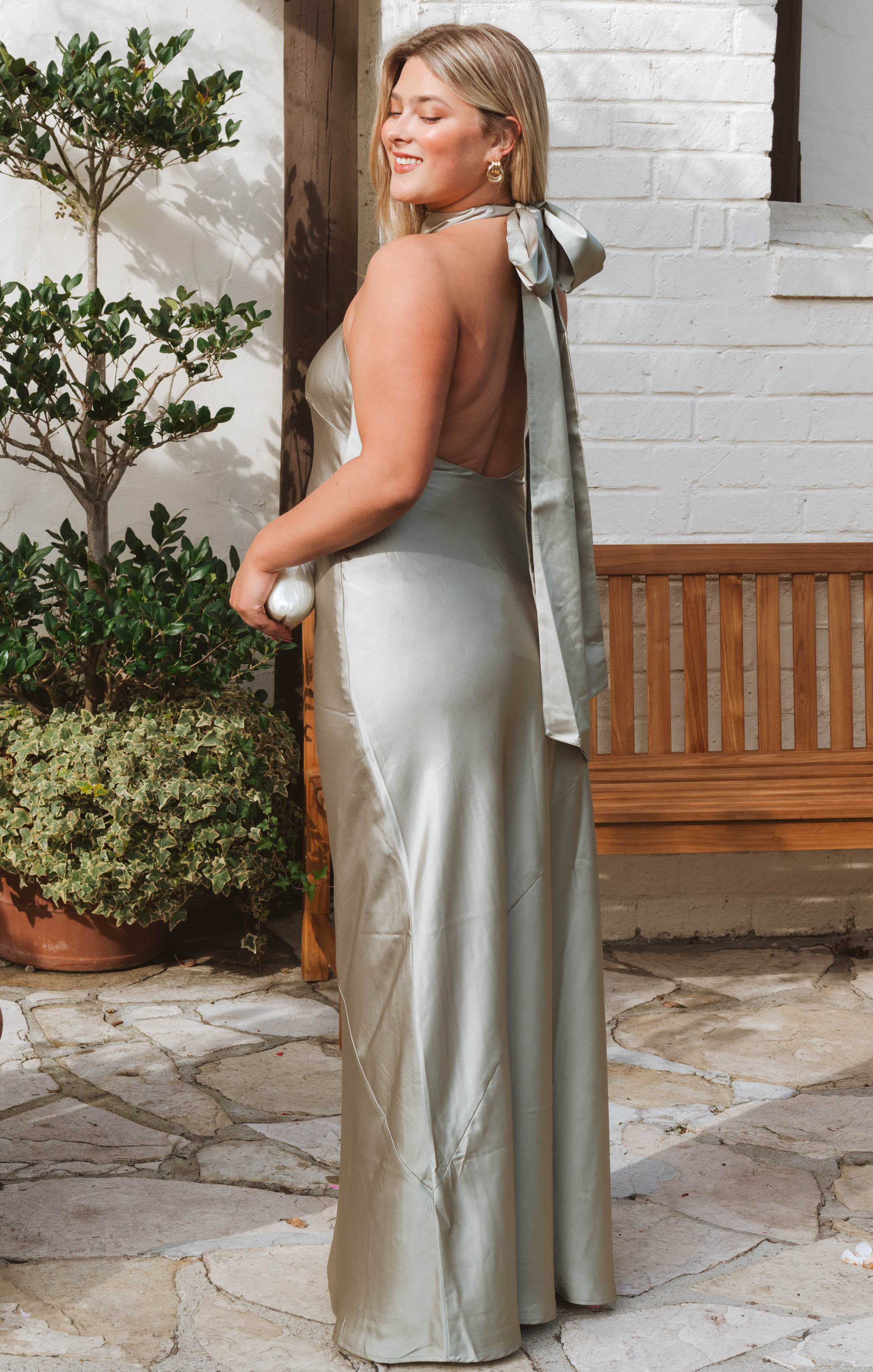 Lisa Maxi Dress - Moss Green Satin Halter Neck Bridesmaid Gown