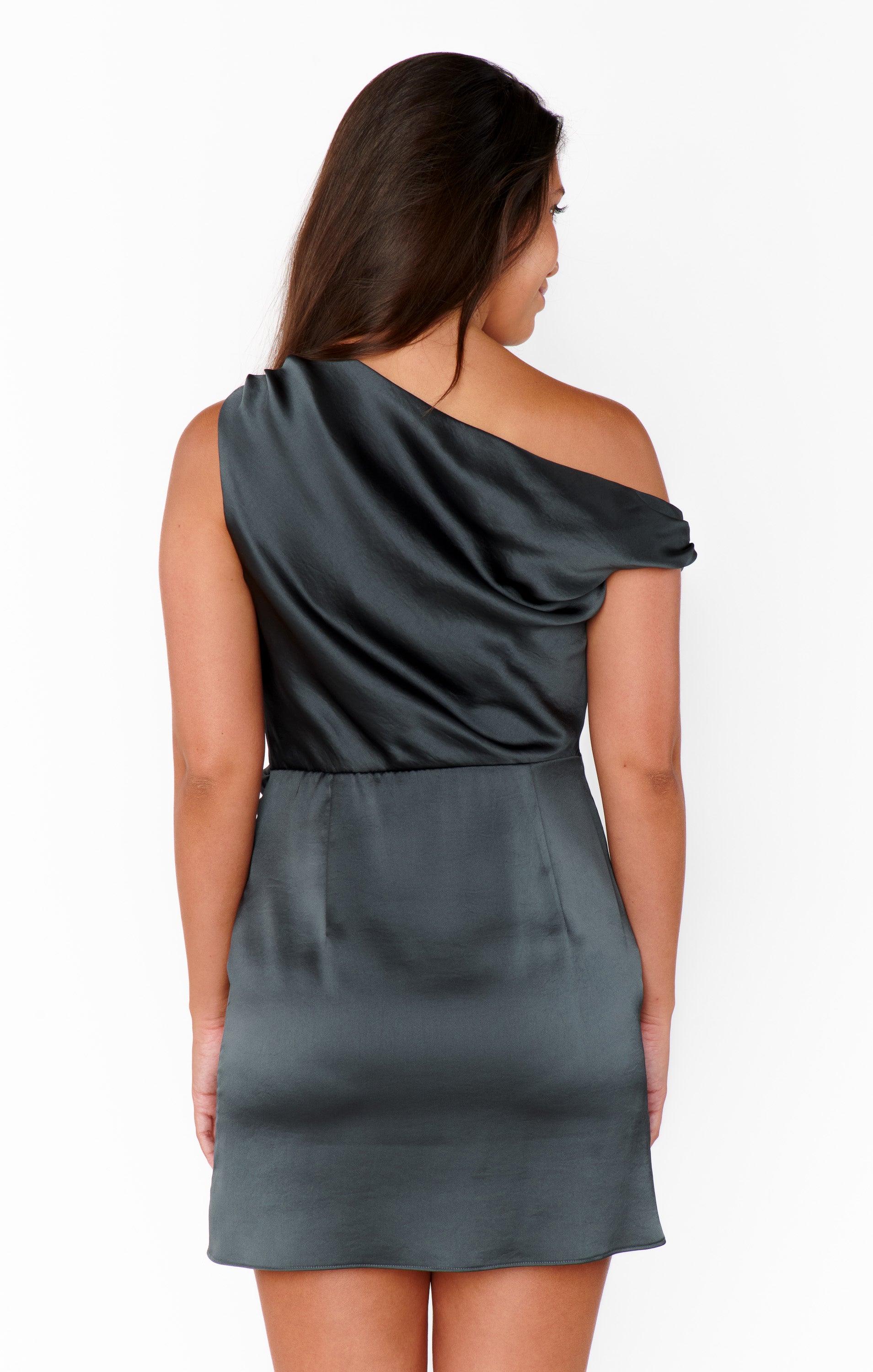 Jodie Mini Cocktail Dress in Gunmetal Satin with Side Slit