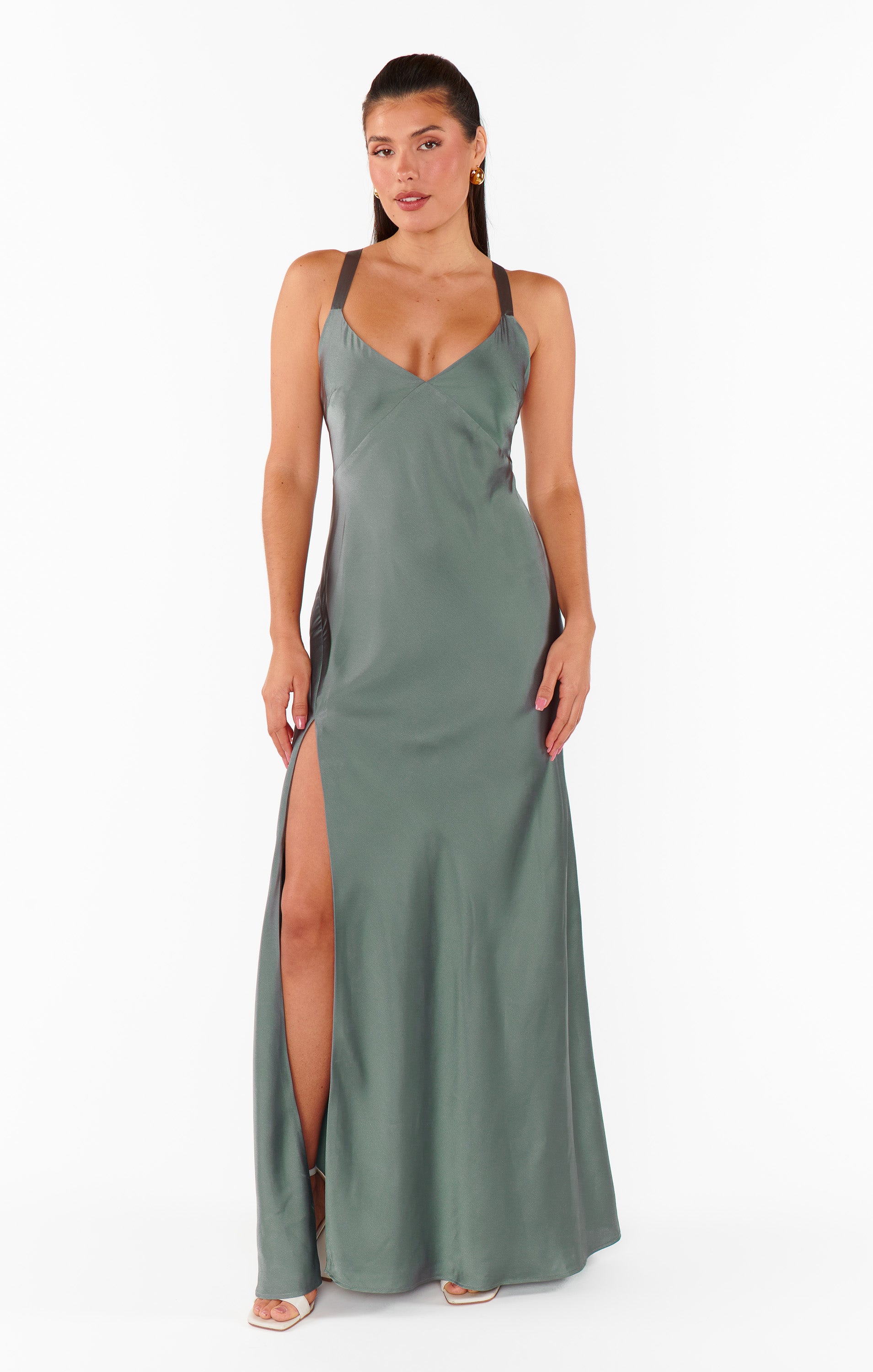 Anderson Maxi Dress in Deep Sage Satin with Open Back