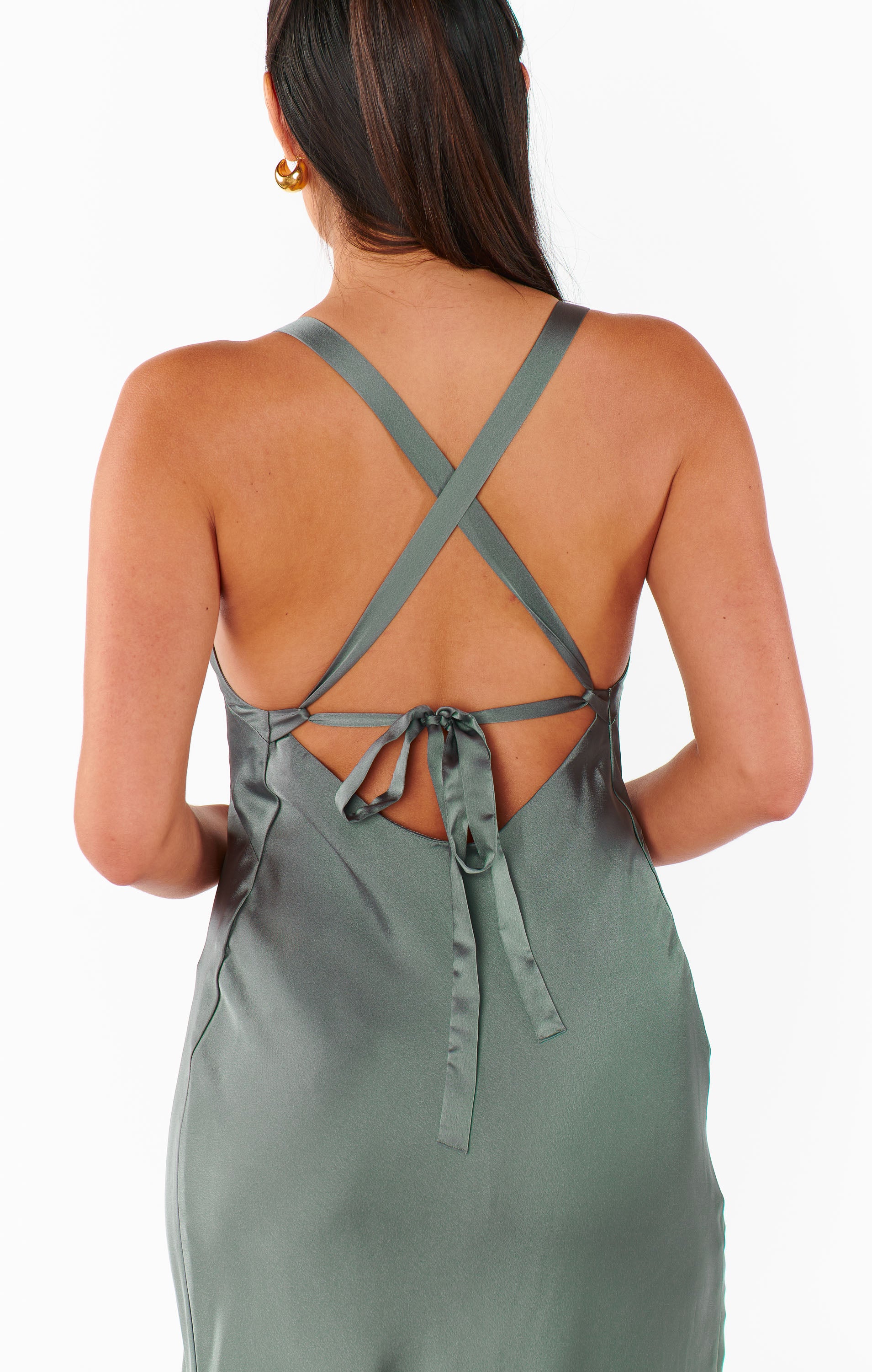 Anderson Maxi Dress in Deep Sage Satin with Open Back