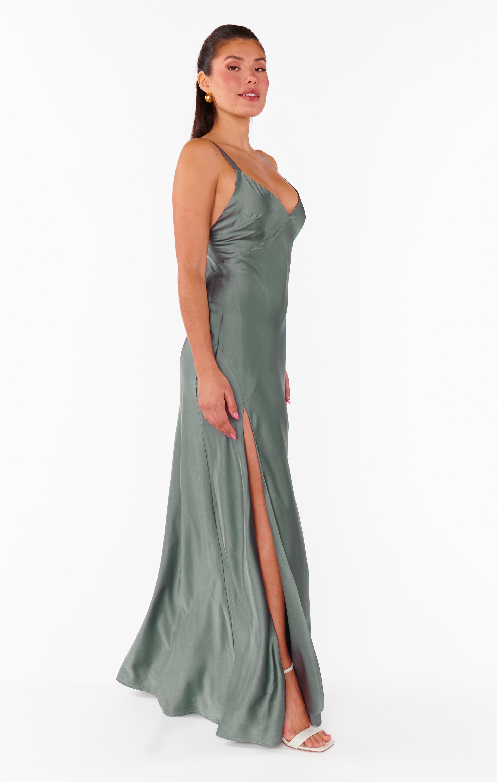 Anderson Maxi Dress in Deep Sage Satin with Open Back