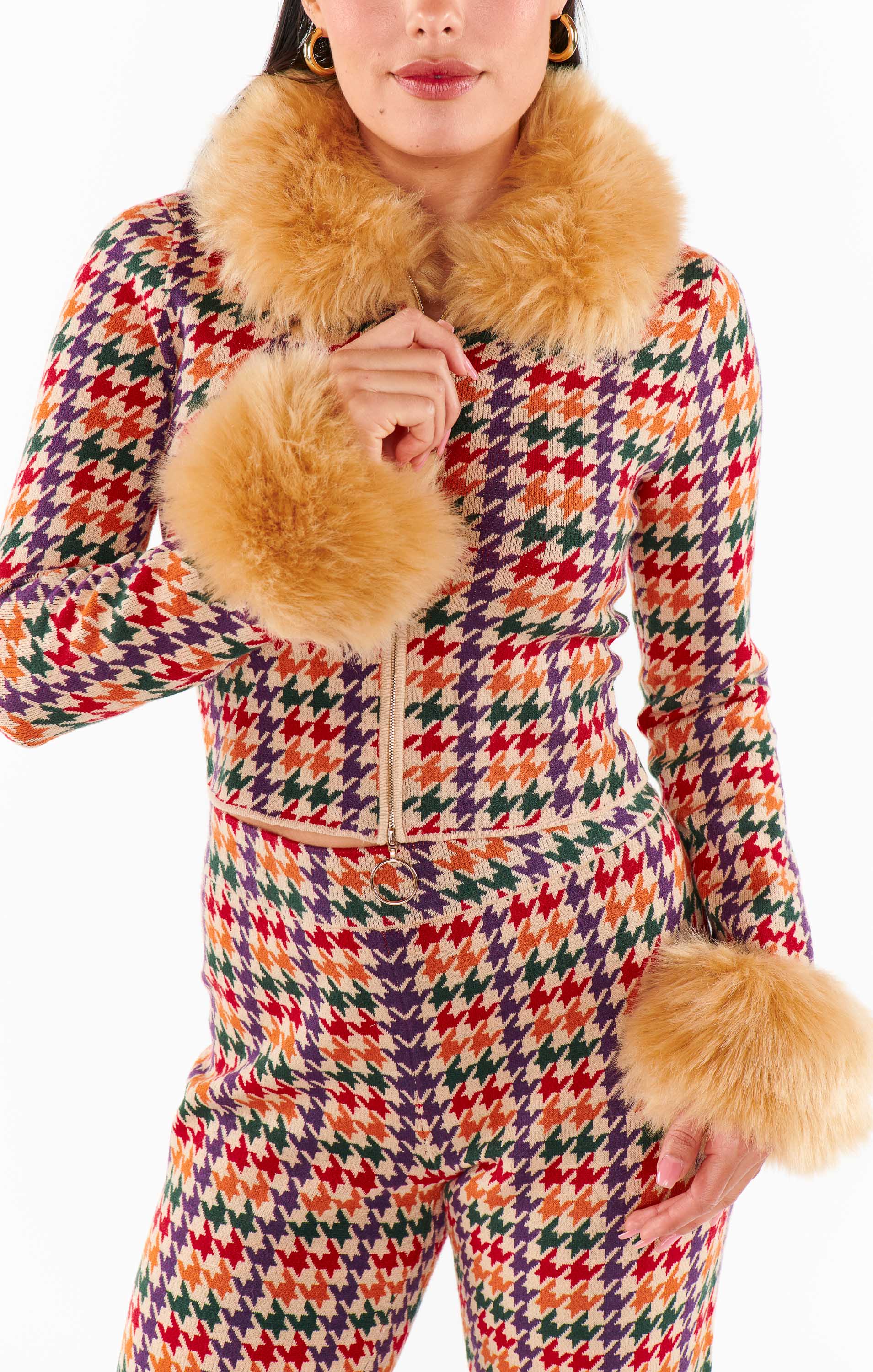 Zermatt Faux Fur Houndstooth Zip Up Sweater