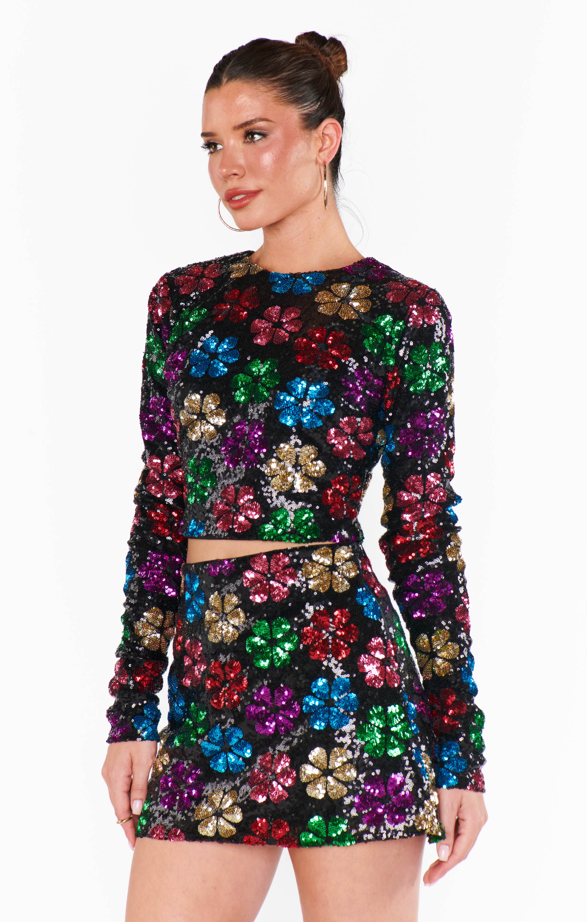Flower Pop Sequin Cropped Top - Long Sleeve Party Blouse