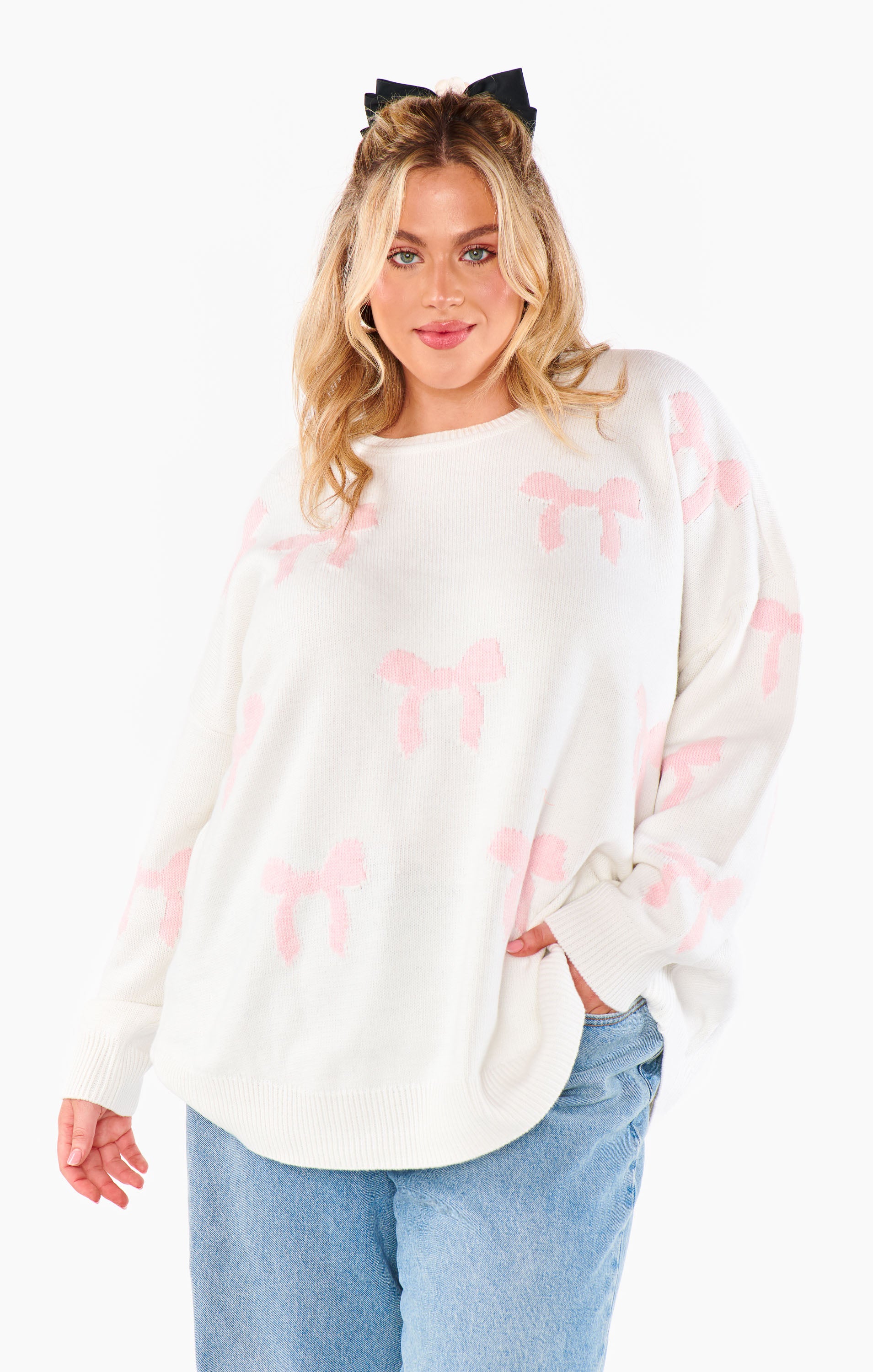 Gabrielle Bow Print Oversized Sweater - Cream Knit Top