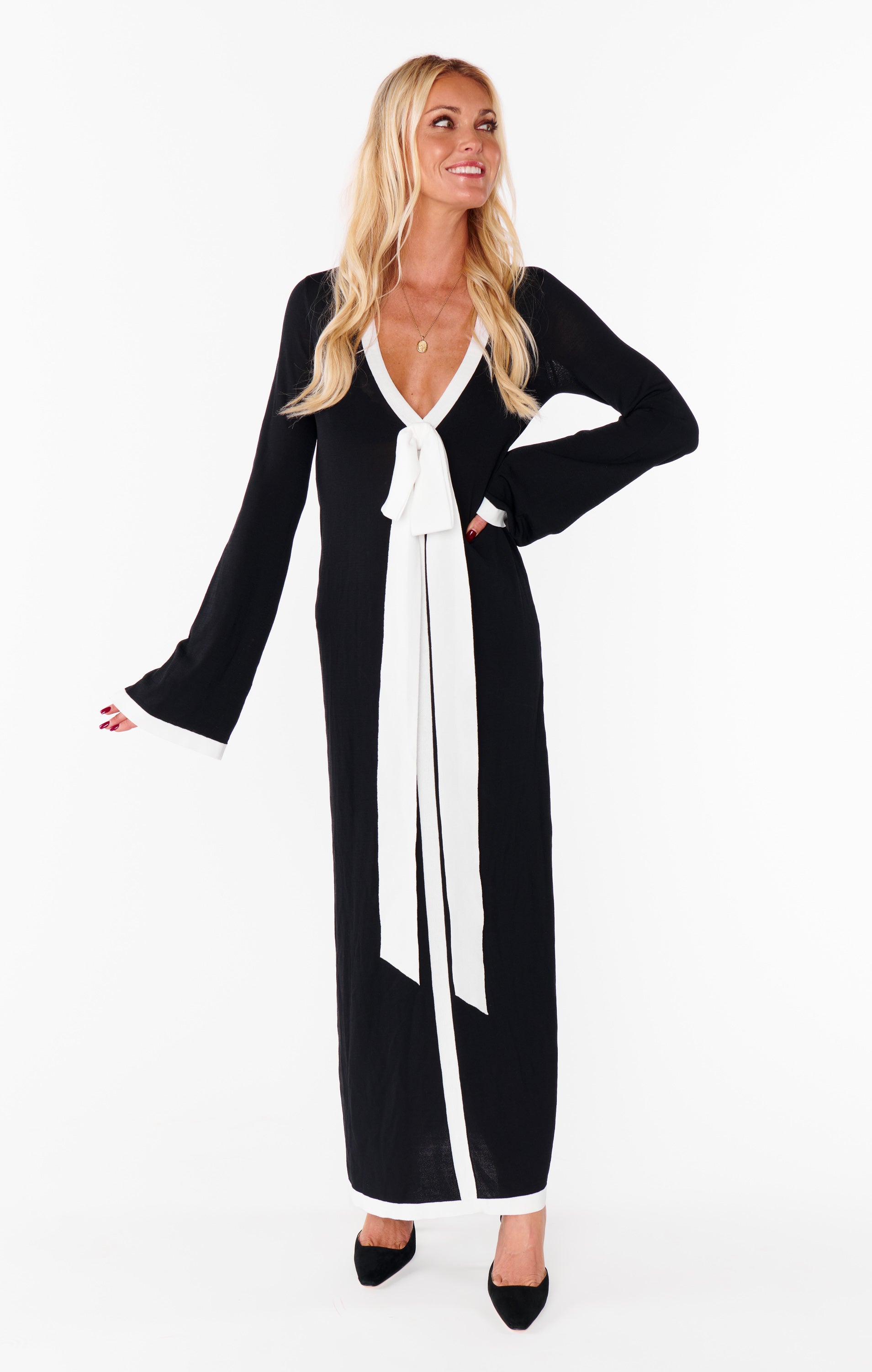 Balboa Knit Dress with Bow Detail - Black & White Contrast