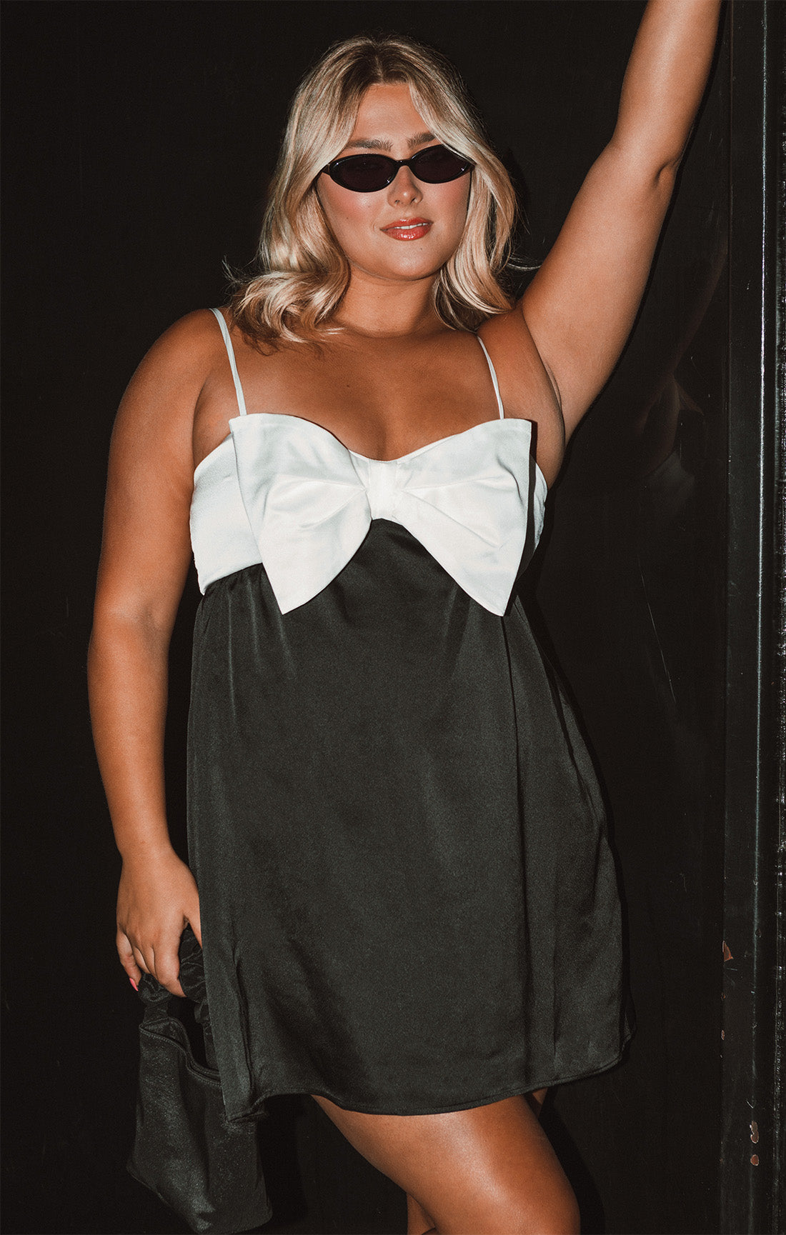 Black Satin Bow Dress - A-Line Silhouette with Smocked Back