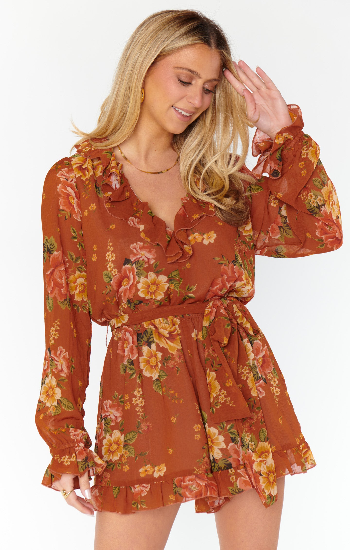 Women's Raquel Ruffle Romper - Low-Cut Floral Jumpsuit
