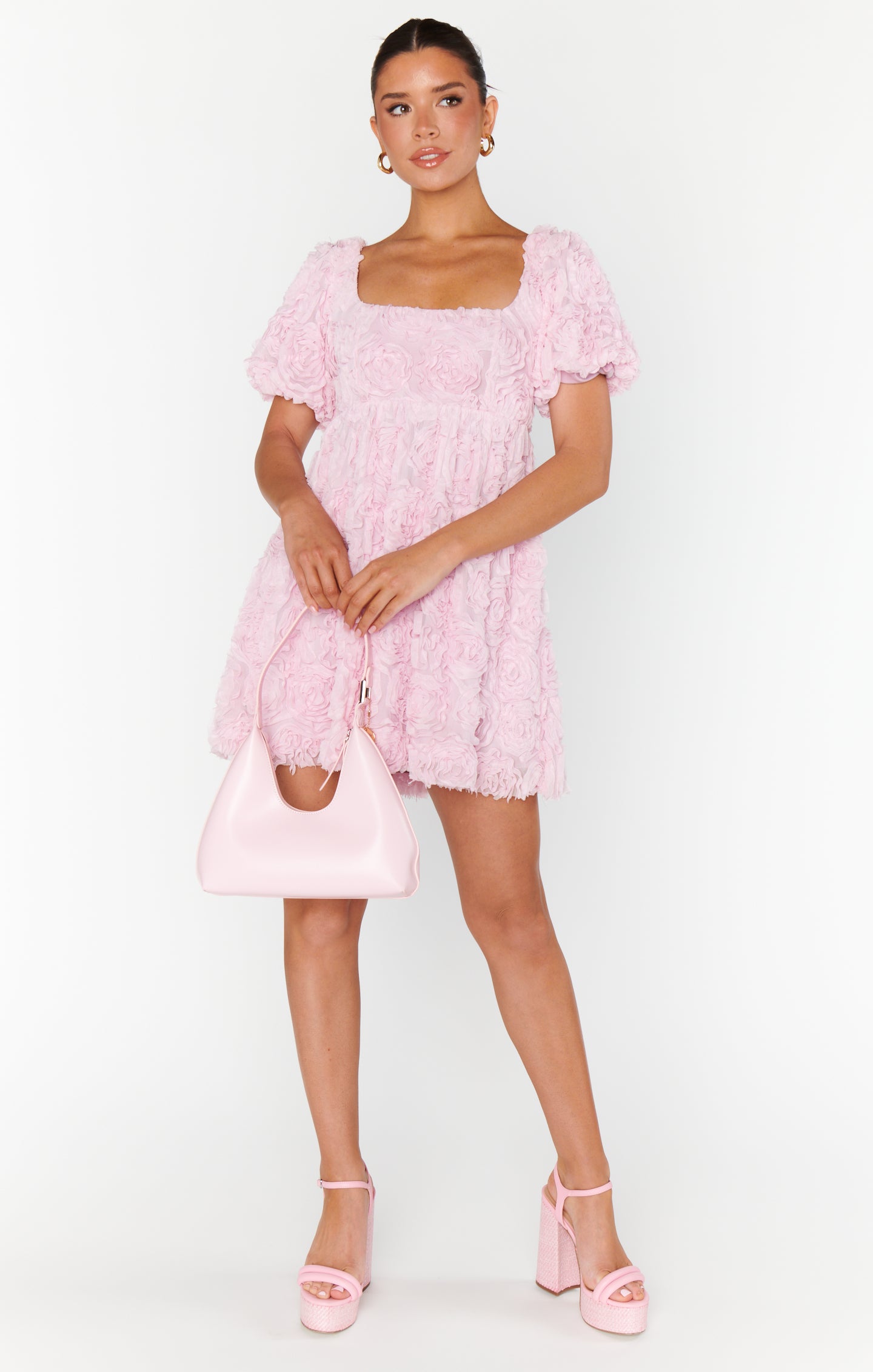Pink Rosette Mesh Babydoll Dress with Puffy Sleeves