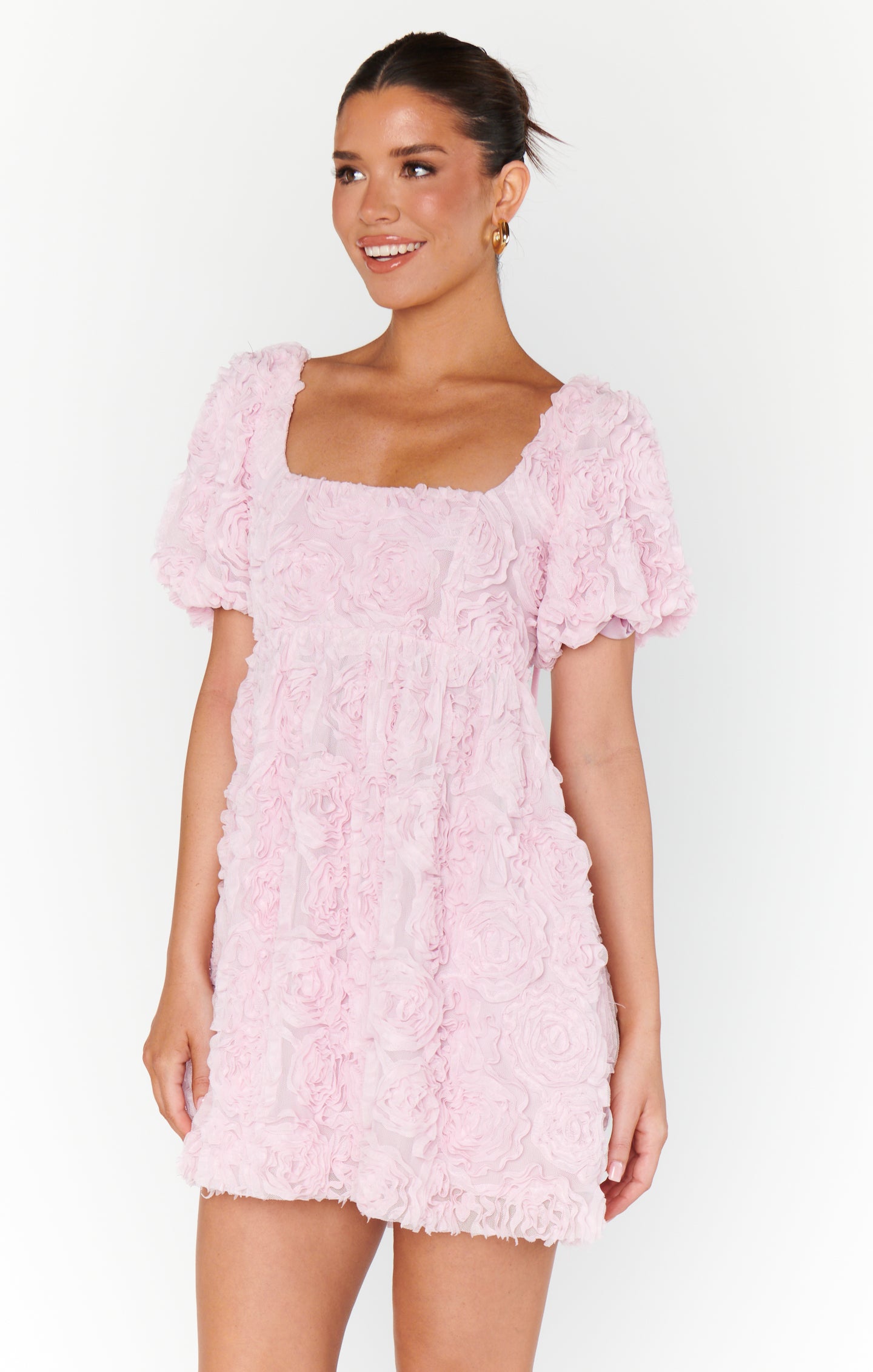 Pink Rosette Mesh Babydoll Dress with Puffy Sleeves