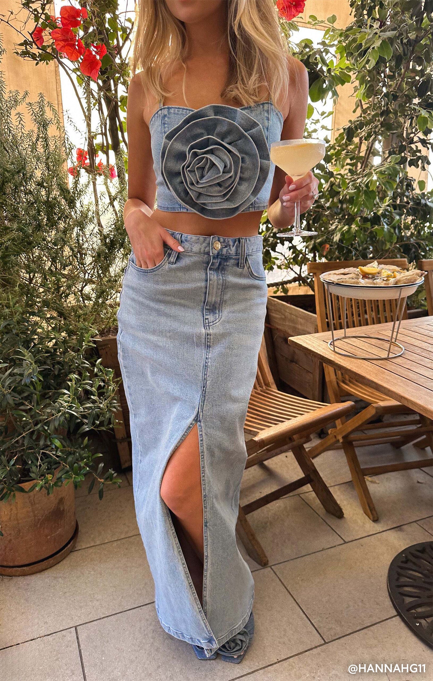 McEntire Stretchy Denim Maxi Skirt with Pockets - Stone Blue