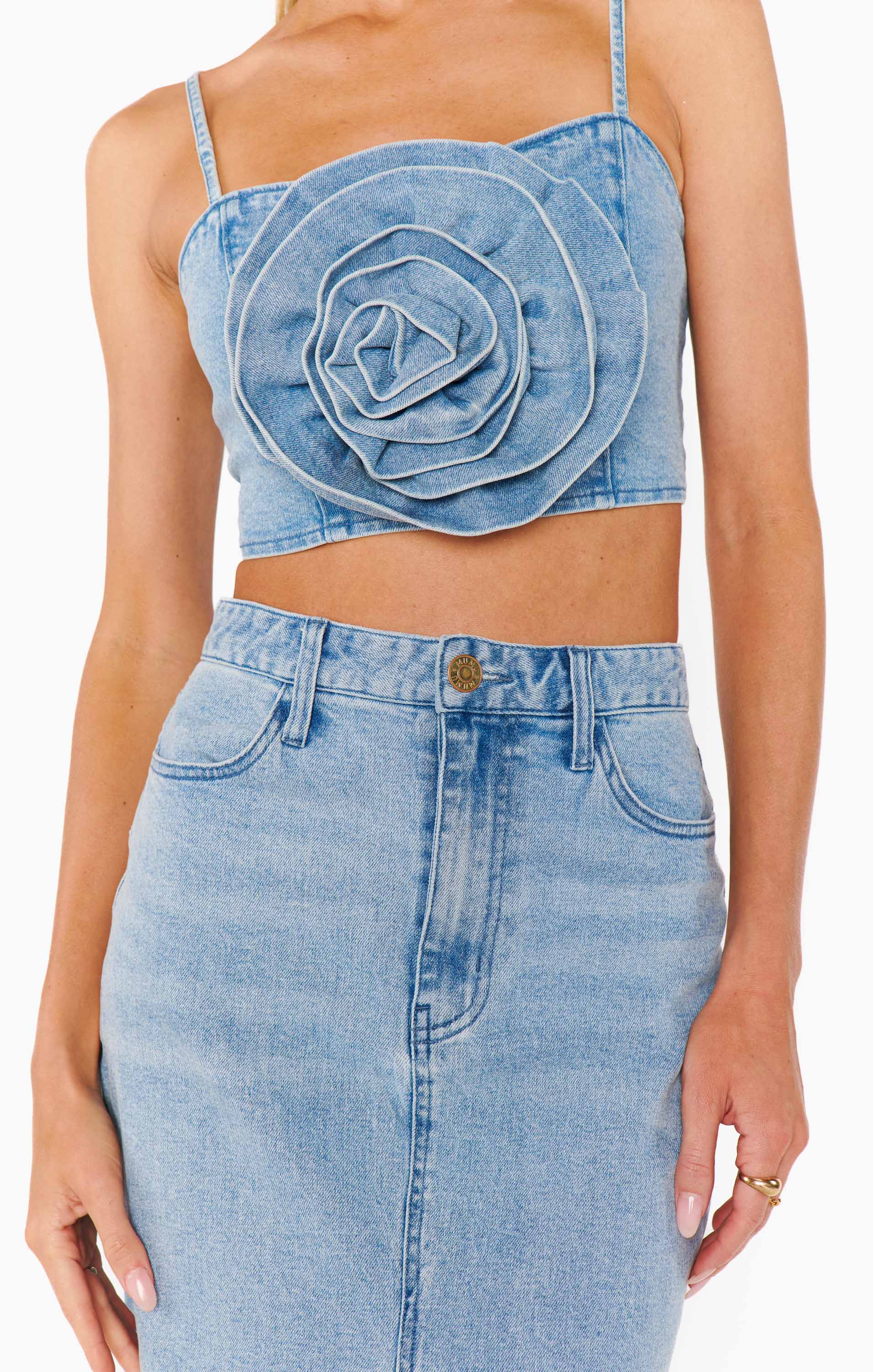 Denim Crop Top with Rosette Detail - Stone Blue Adjustable Straps
