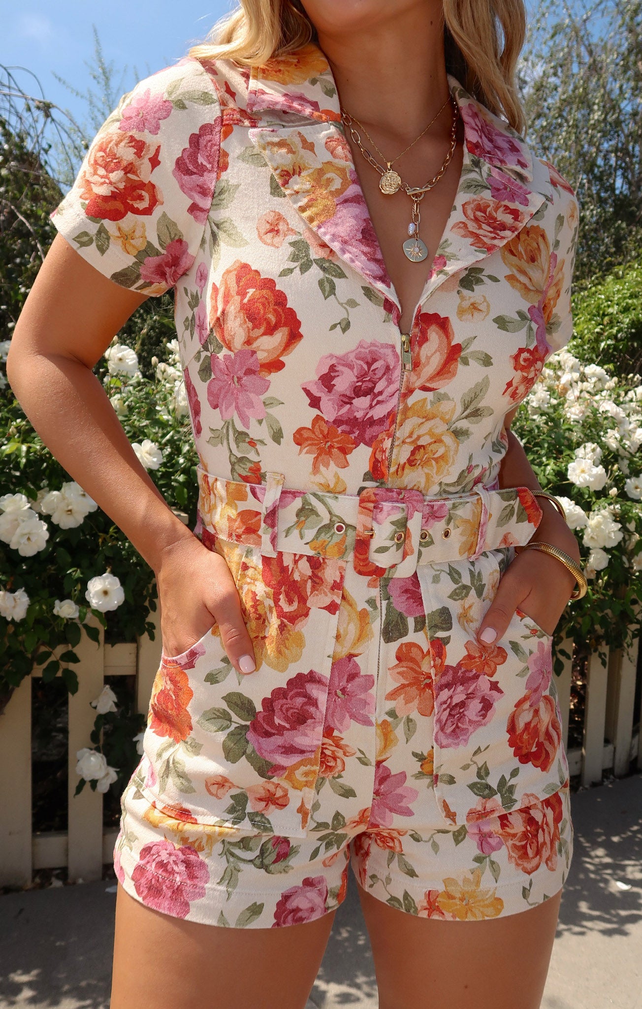 Denim Romper with Front Zipper & Cargo Pockets - Outlaw Ivory Floral