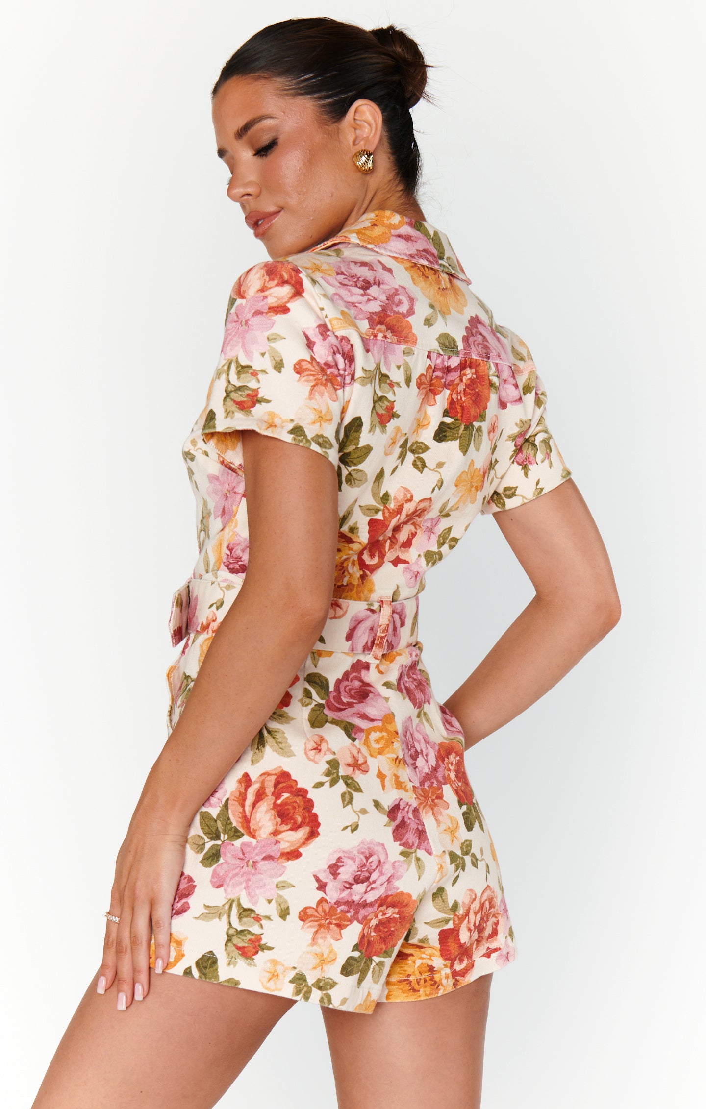 Denim Romper with Front Zipper & Cargo Pockets - Outlaw Ivory Floral