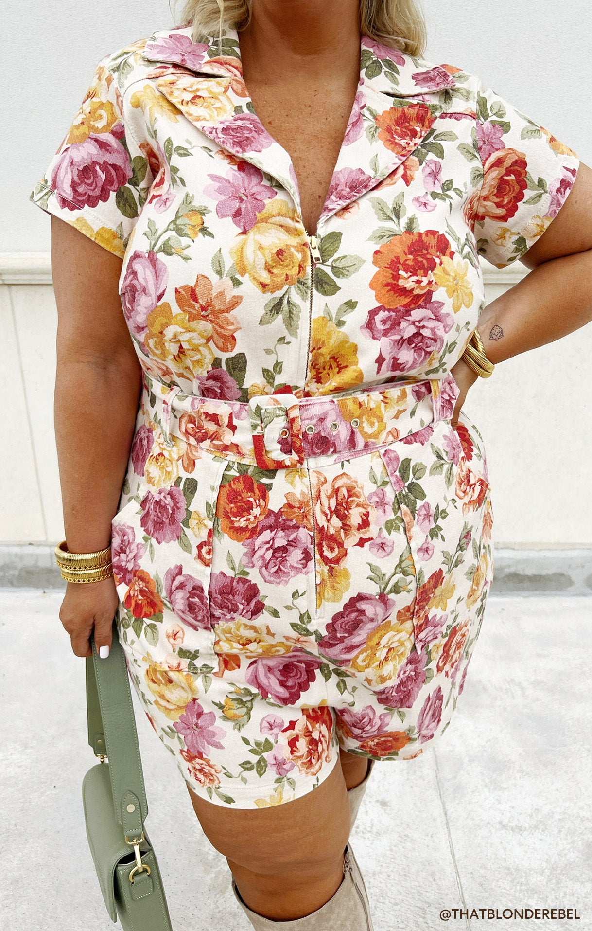Denim Romper with Front Zipper & Cargo Pockets - Outlaw Ivory Floral