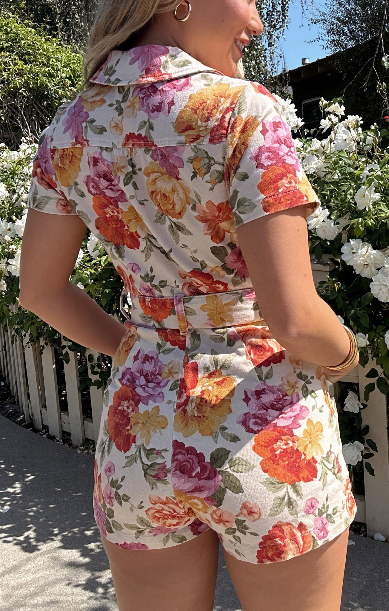 Denim Romper with Front Zipper & Cargo Pockets - Outlaw Ivory Floral