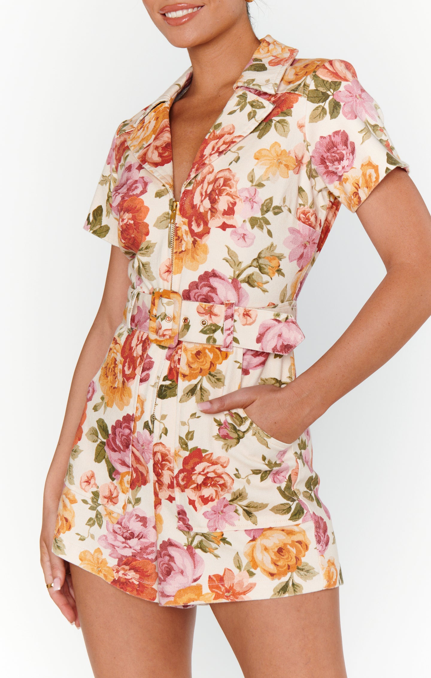 Denim Romper with Front Zipper & Cargo Pockets - Outlaw Ivory Floral