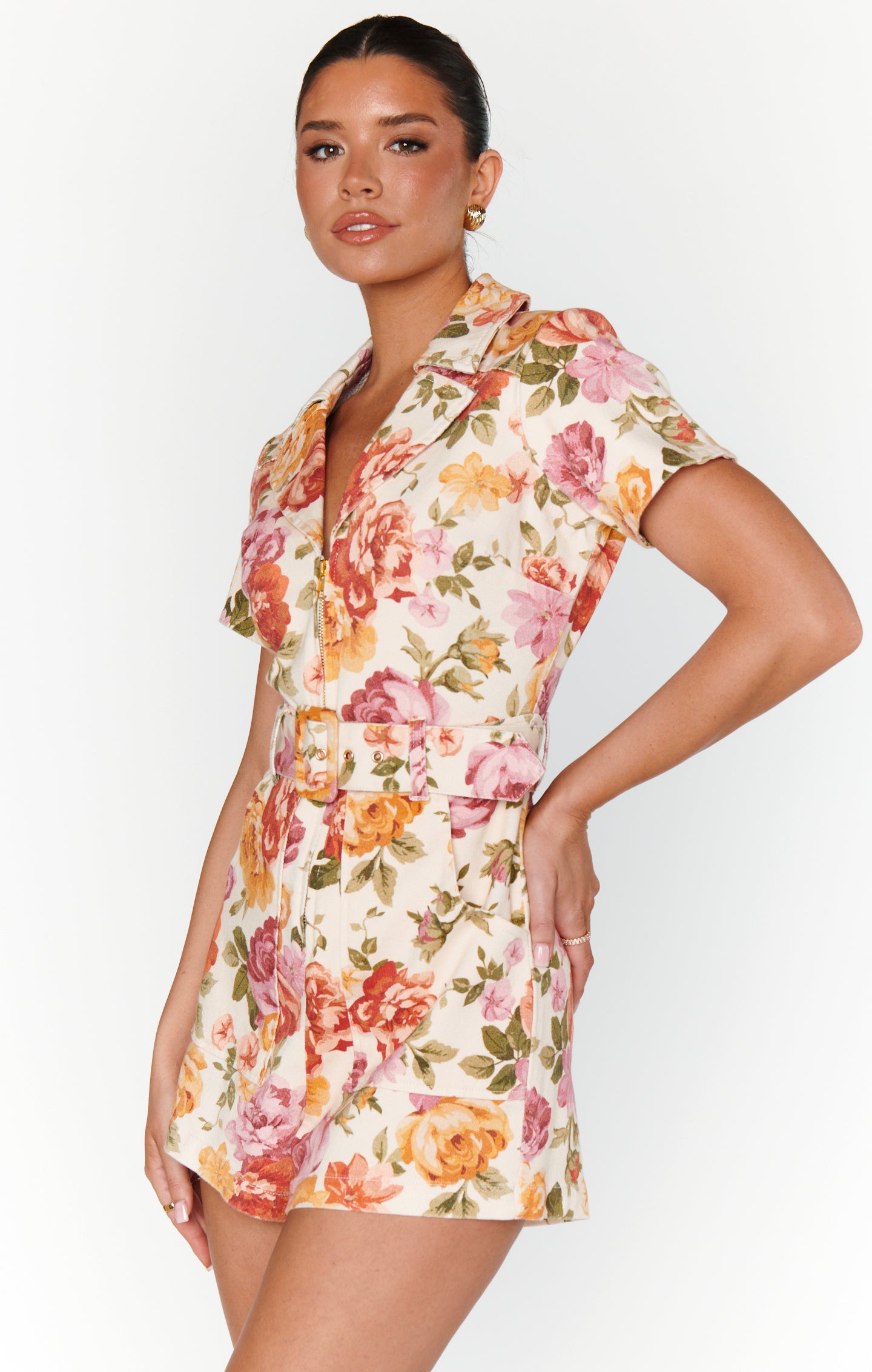 Denim Romper with Front Zipper & Cargo Pockets - Outlaw Ivory Floral
