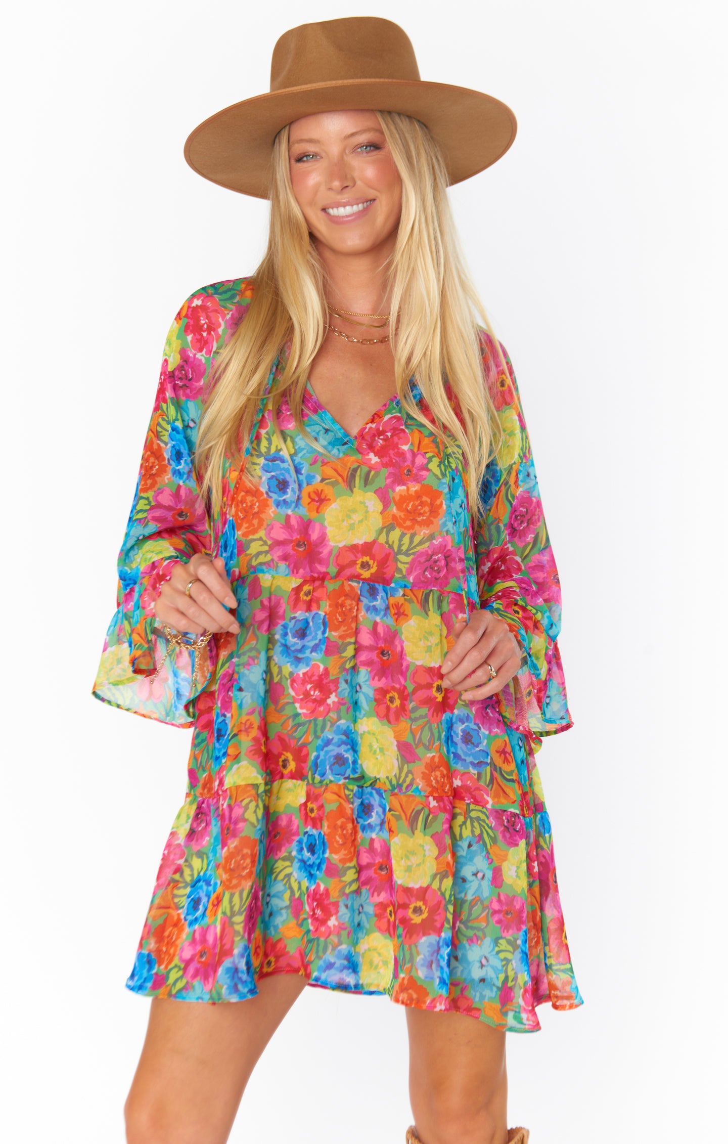 Floral Mini Dress with Tiered Skirt & Boho Sleeves
