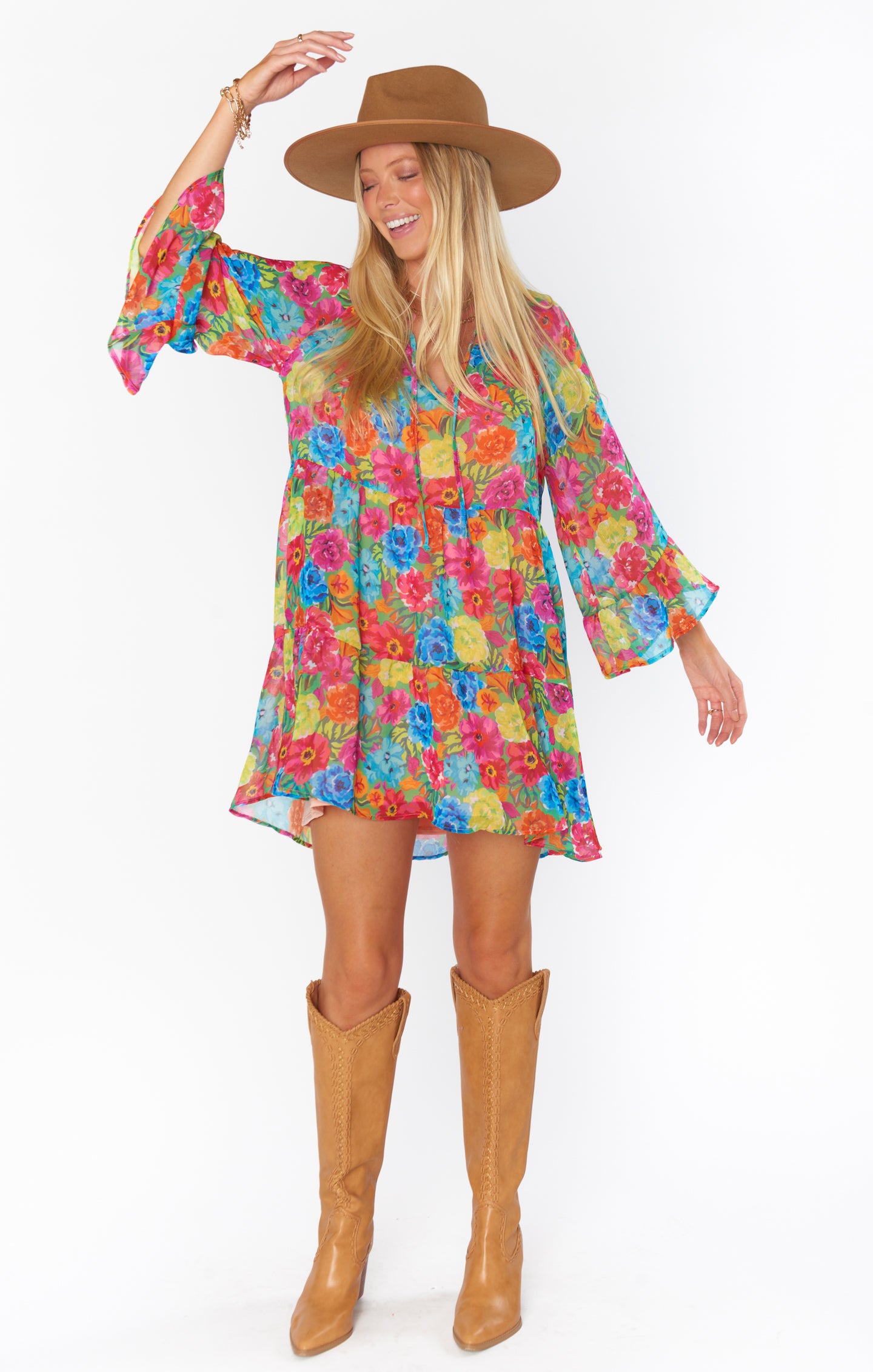 Floral Mini Dress with Tiered Skirt & Boho Sleeves