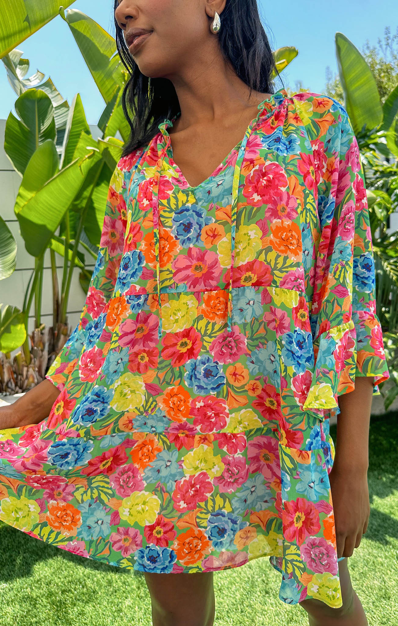 Floral Mini Dress with Tiered Skirt & Boho Sleeves