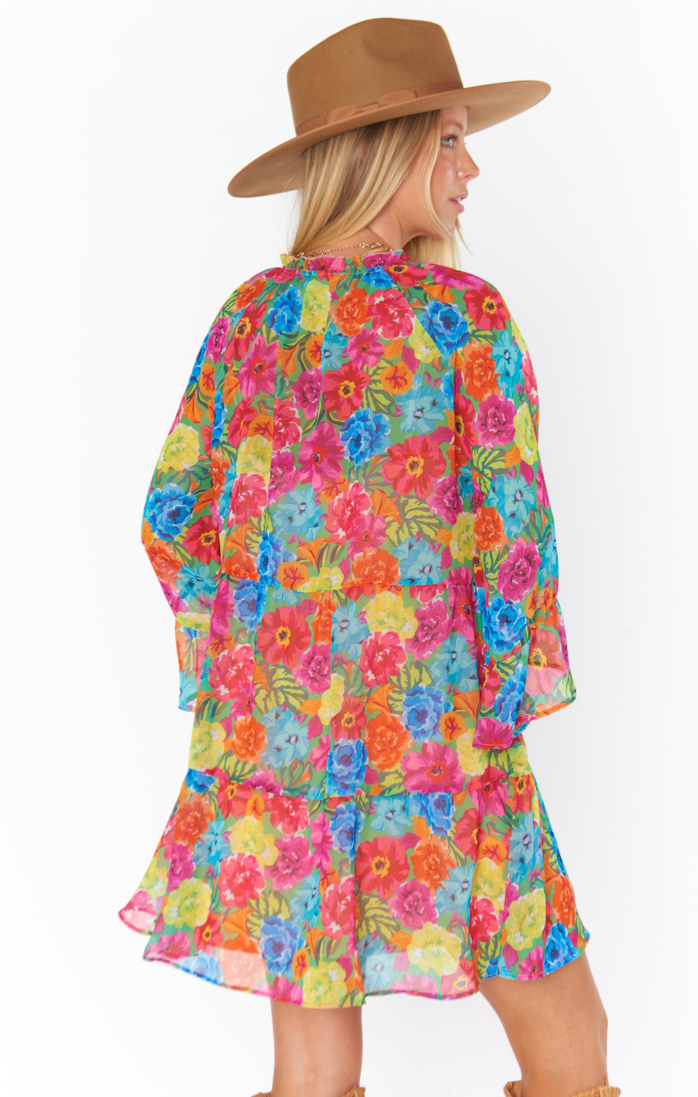Floral Mini Dress with Tiered Skirt & Boho Sleeves