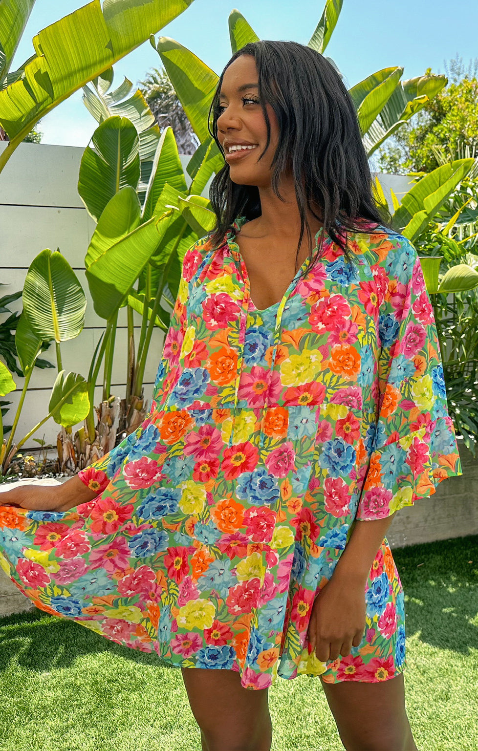 Floral Mini Dress with Tiered Skirt & Boho Sleeves
