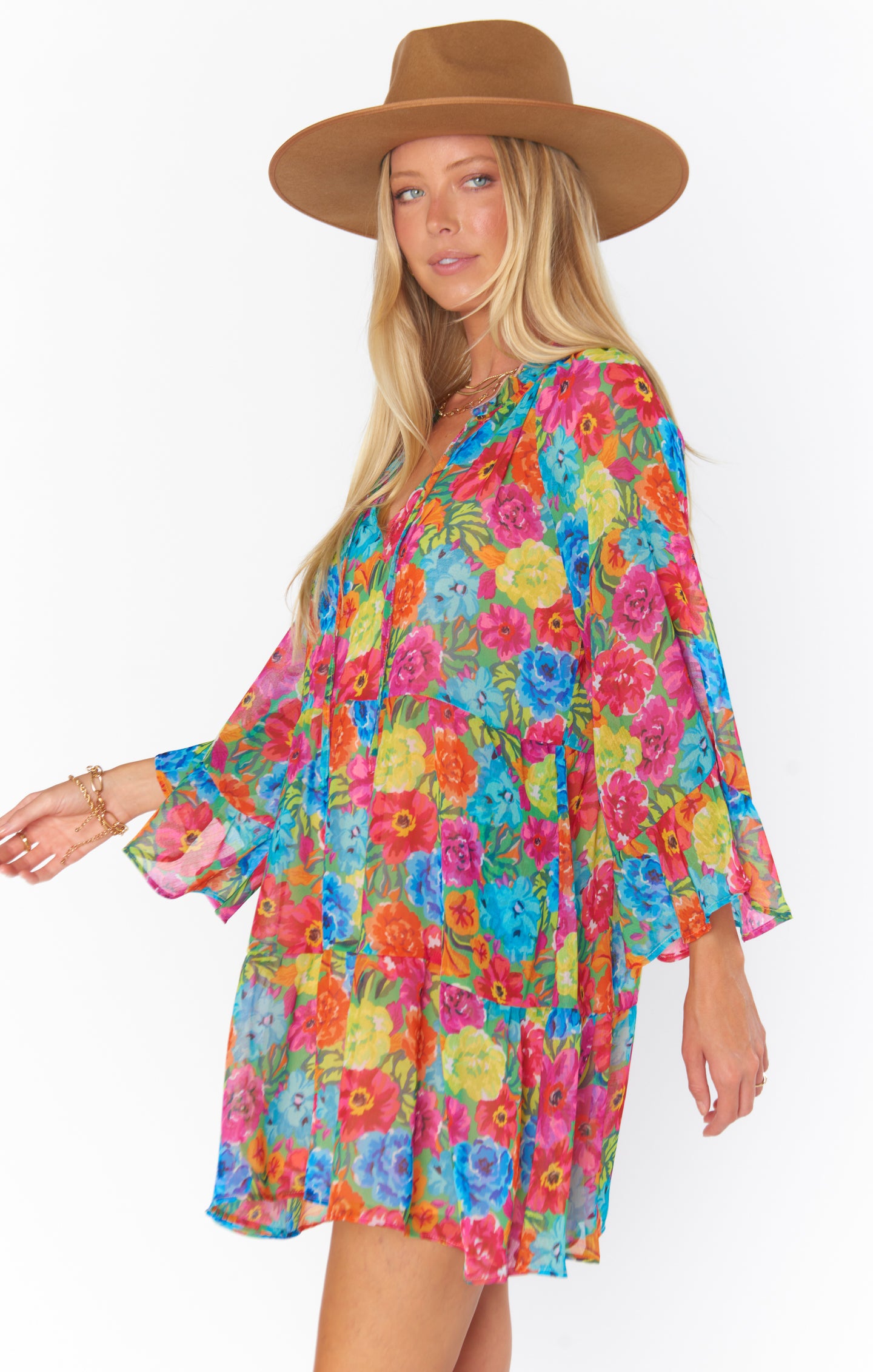 Floral Mini Dress with Tiered Skirt & Boho Sleeves